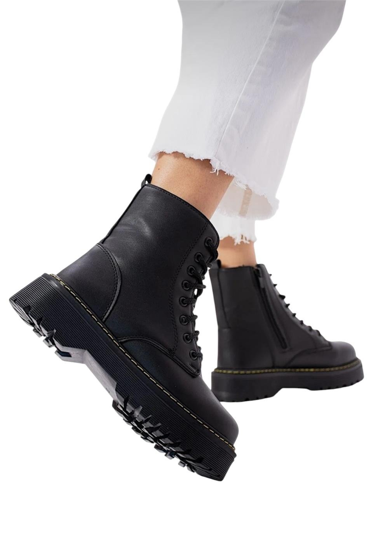 Kadın Fermuarlı Bağcıklı Kalın Taban Kadın Bot SİYAH - Görsel 2