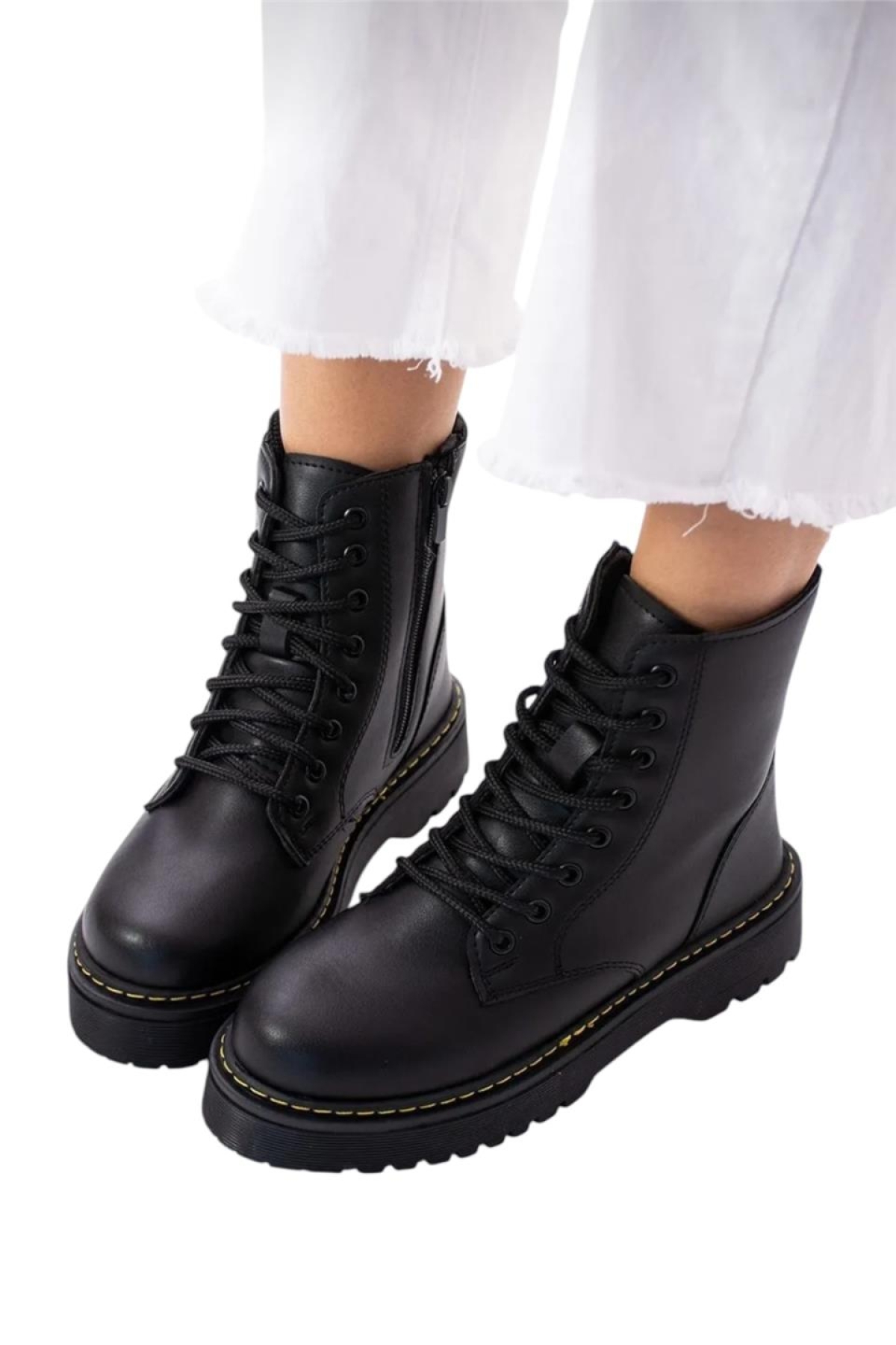 Kadın Fermuarlı Bağcıklı Kalın Taban Kadın Bot SİYAH - Görsel 3