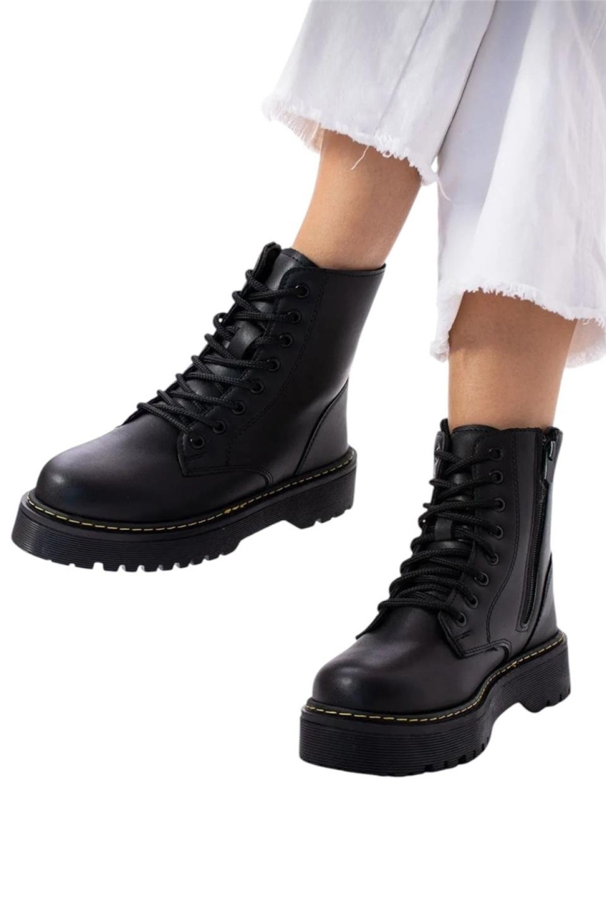 Kadın Fermuarlı Bağcıklı Kalın Taban Kadın Bot SİYAH - Görsel 4
