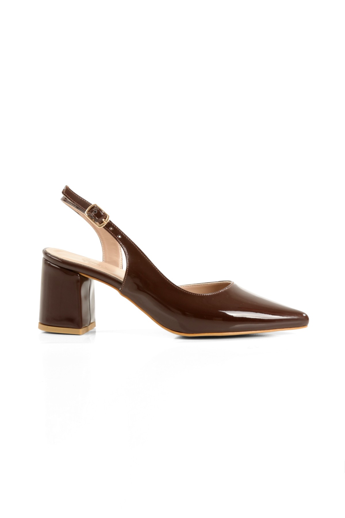 Verlik Acı Kahve Rugan Kısa Kalın Topuklu Stiletto Asimetrik Bantlı Kadın Ayakkabı - Görsel 5