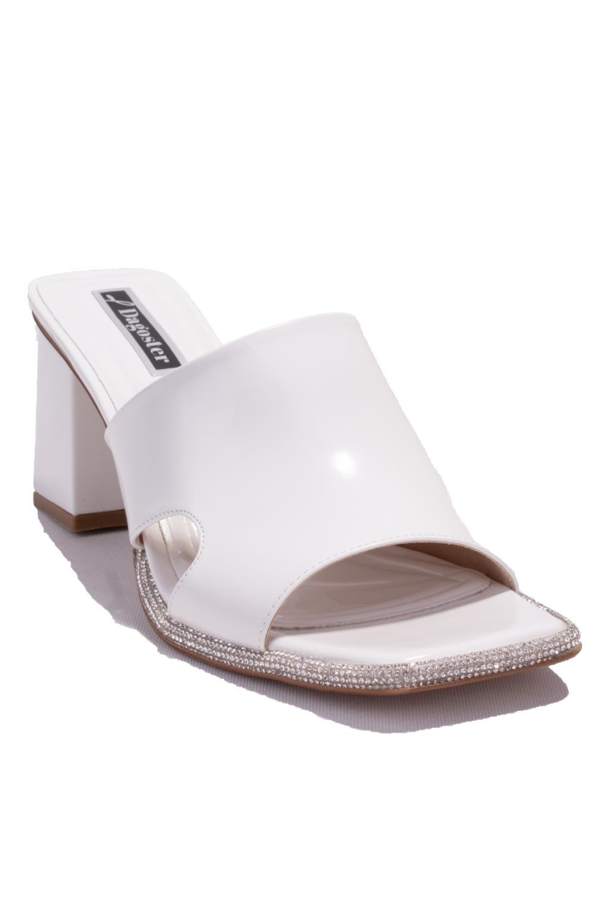 DZA07-1136745 Beyaz Rugan Klasik Taşlı Topuklu Kadın Terlik - Görsel 2