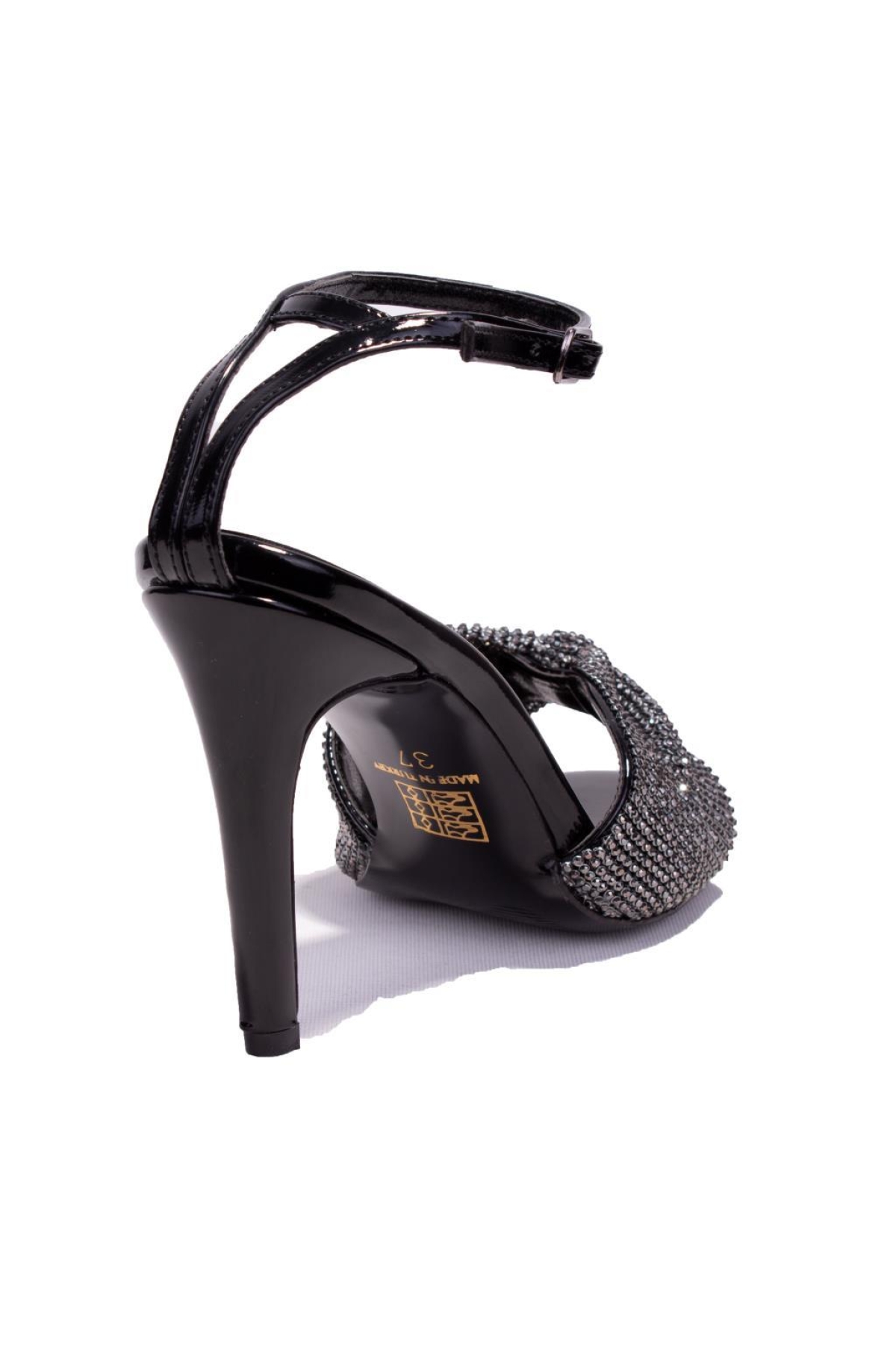 DZA07-1240925 Siyah Ayna Taşlı Abiye Topuklu Kadın Ayakkabı - Görsel 5