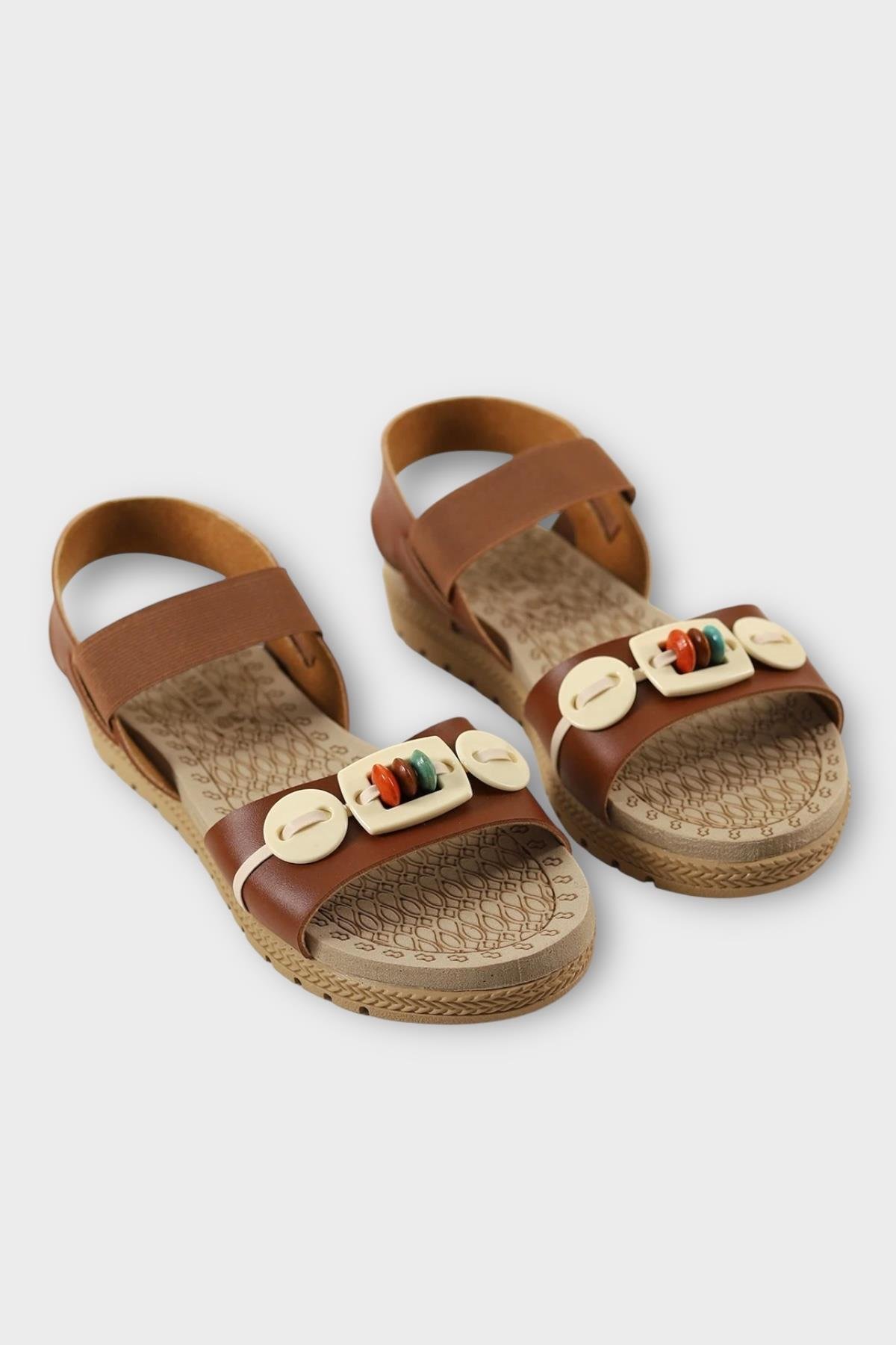 Lastikli Boncuk Detaylı Günlük Kadın Sandalet TABA - Görsel 5