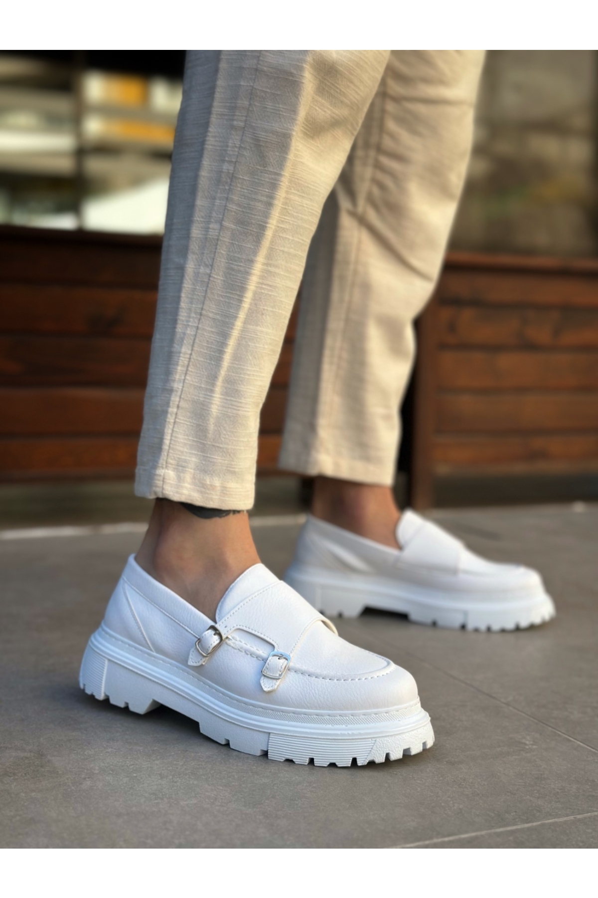 Bağcıksız Çift Tokalı Erkek Casual Ayakkabı BEYAZ (BEYAZ TABAN) - Görsel 2