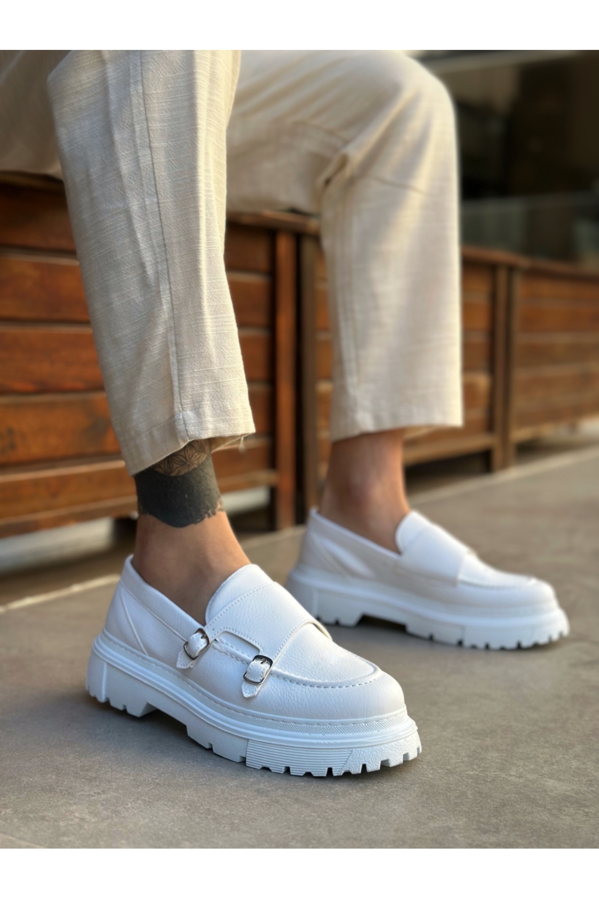 Bağcıksız Çift Tokalı Erkek Casual Ayakkabı BEYAZ (BEYAZ TABAN) - Görsel 3