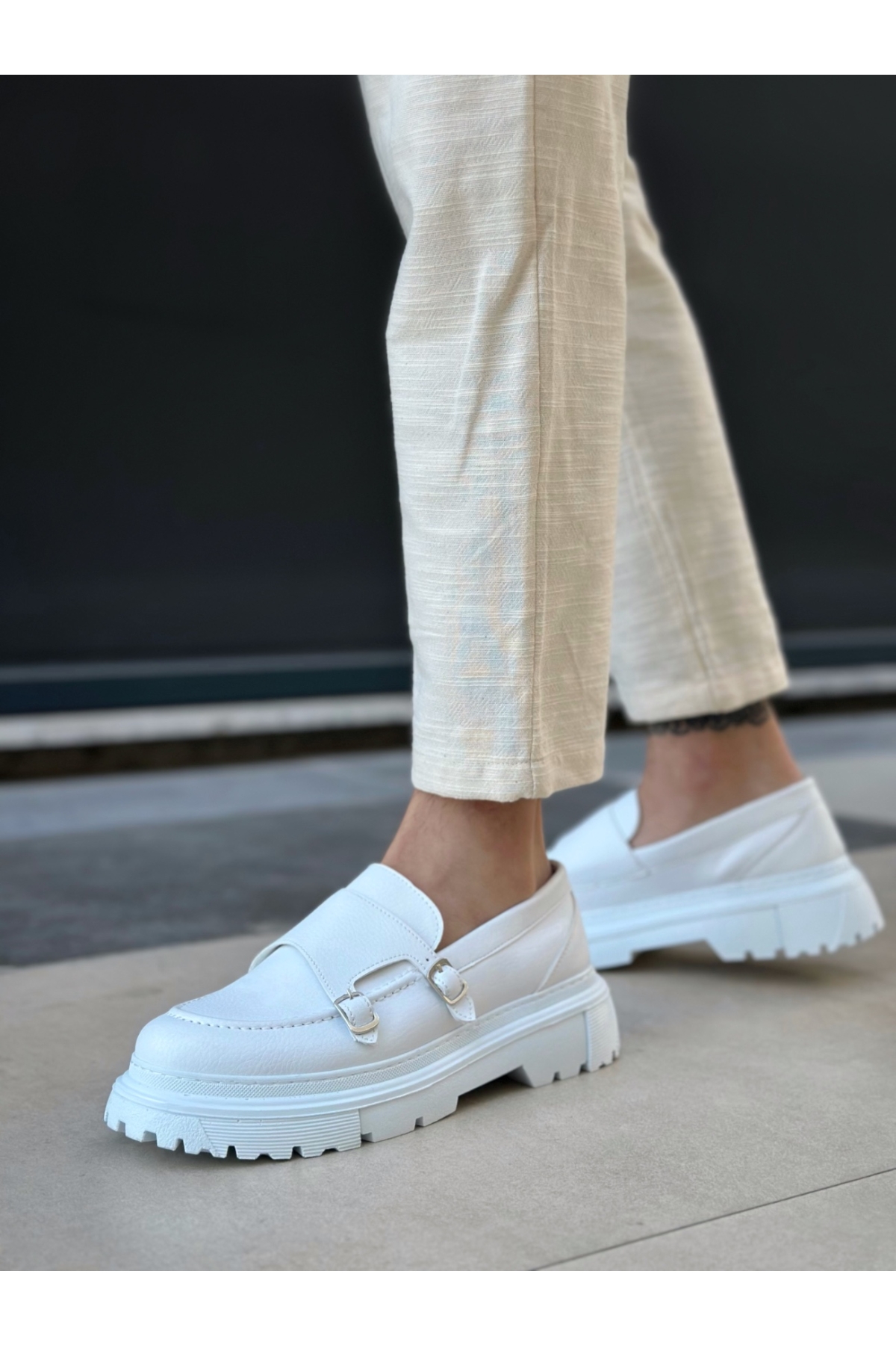 Bağcıksız Çift Tokalı Erkek Casual Ayakkabı BEYAZ (BEYAZ TABAN) - Görsel 4