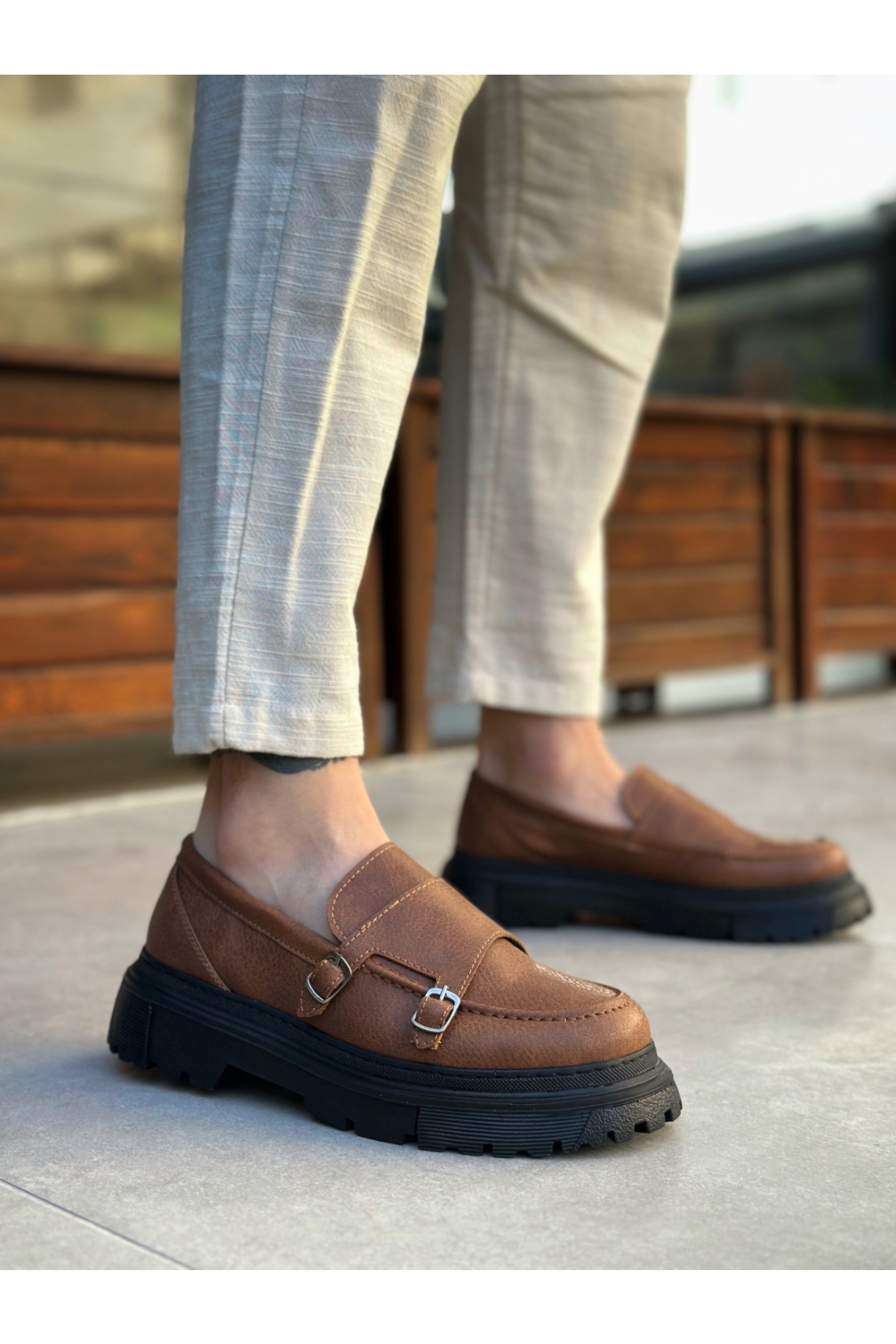 Bağcıksız Çift Tokalı Erkek Casual Ayakkabı TABA (SİYAH TABAN) - Görsel 2