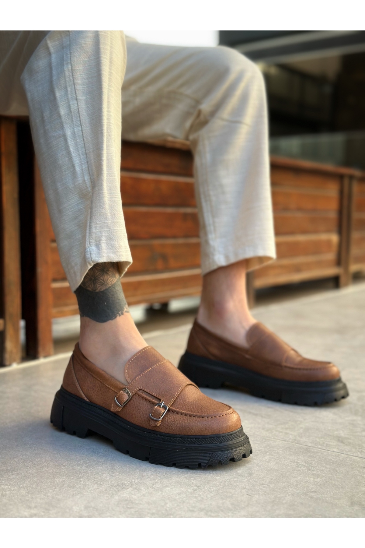 Bağcıksız Çift Tokalı Erkek Casual Ayakkabı TABA (SİYAH TABAN) - Görsel 4