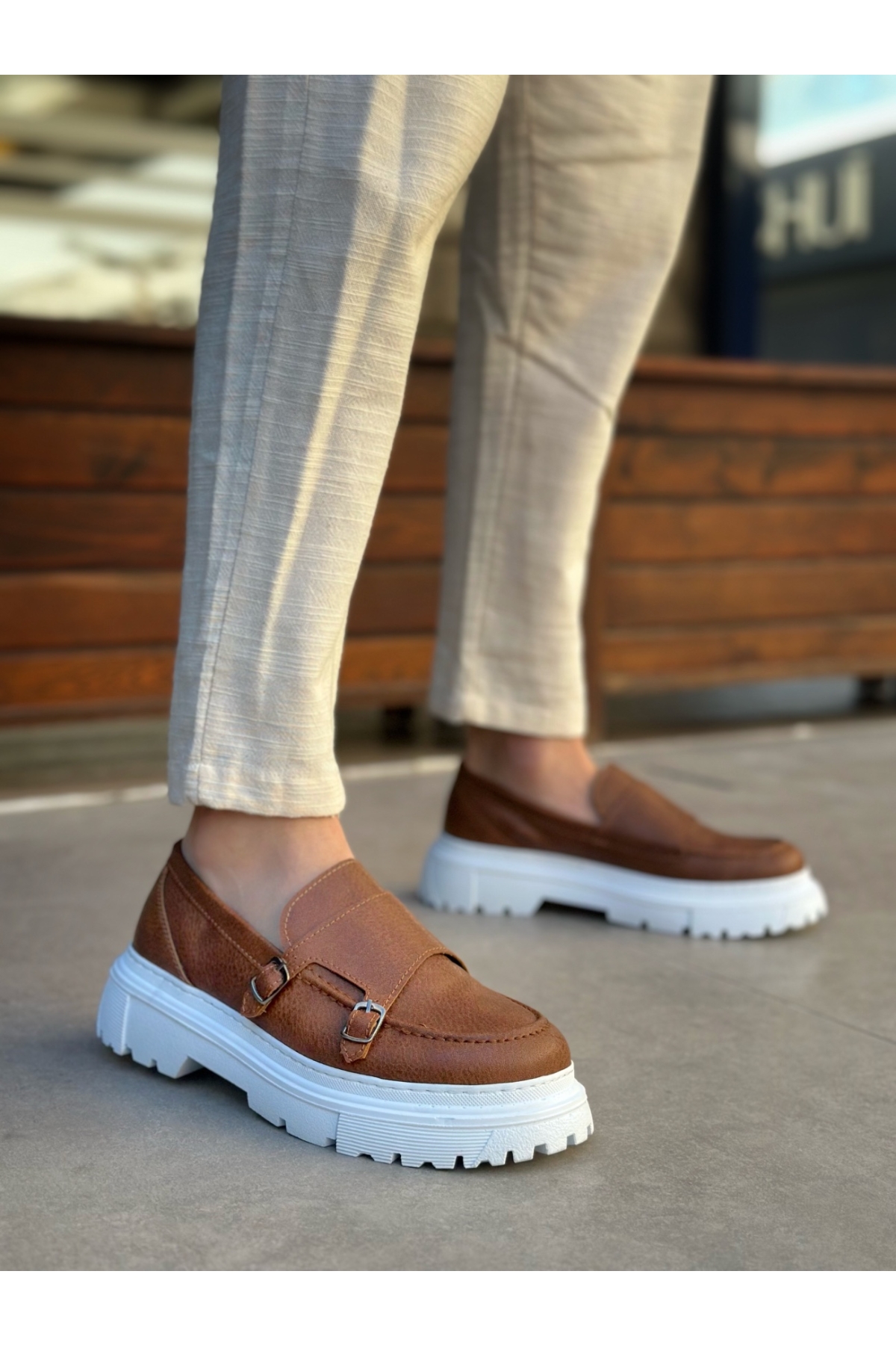 Bağcıksız Çift Tokalı Erkek Casual Ayakkabı TABA (BEYAZ TABAN) - Görsel 2