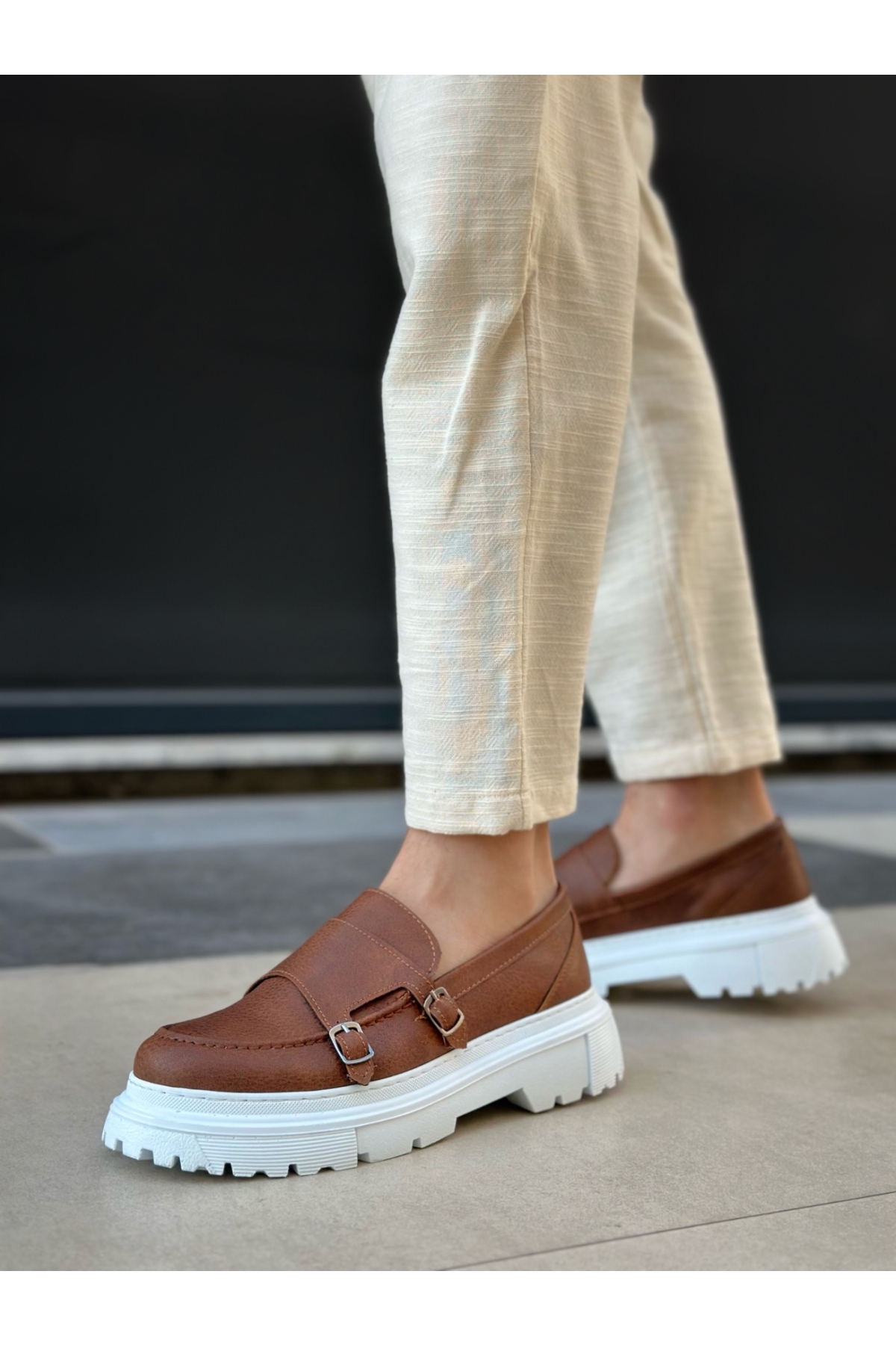 Bağcıksız Çift Tokalı Erkek Casual Ayakkabı TABA (BEYAZ TABAN) - Görsel 3