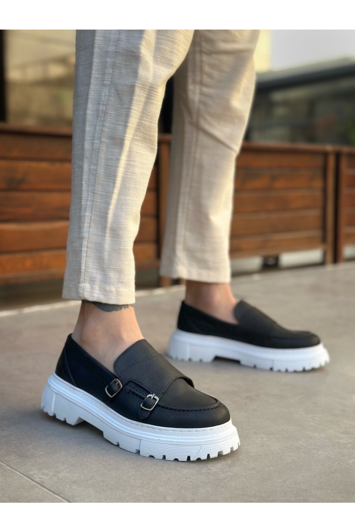 Bağcıksız Çift Tokalı Erkek Casual Ayakkabı SİYAH (BEYAZ TABAN) - Görsel 2