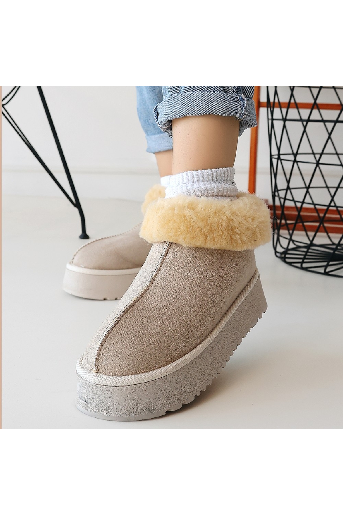 Bej Süet Kadın Düz Bot - Görsel 5