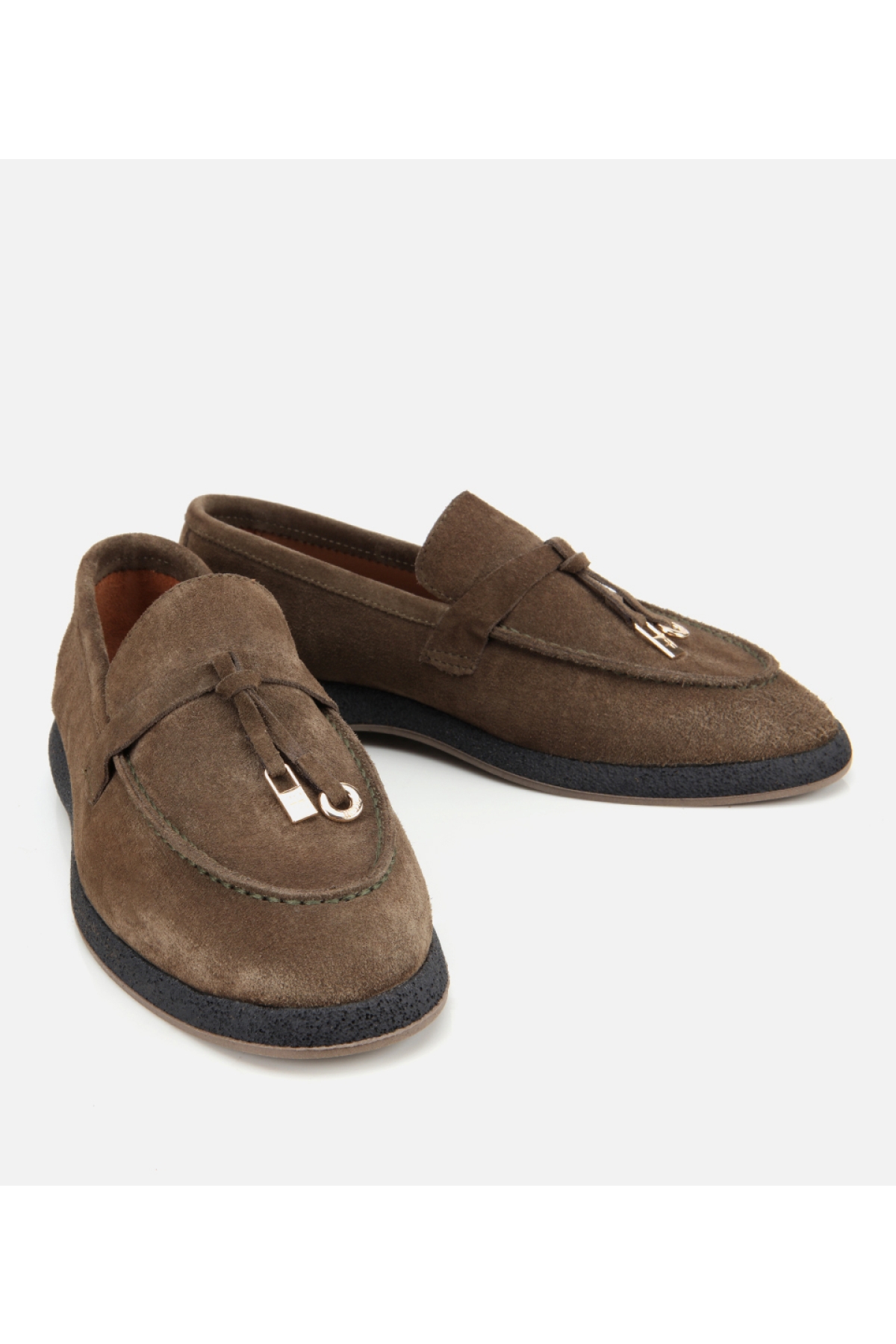 Kadın Süet Deri Haki Gold Aksesuarlı Klasik Loafer - Görsel 3