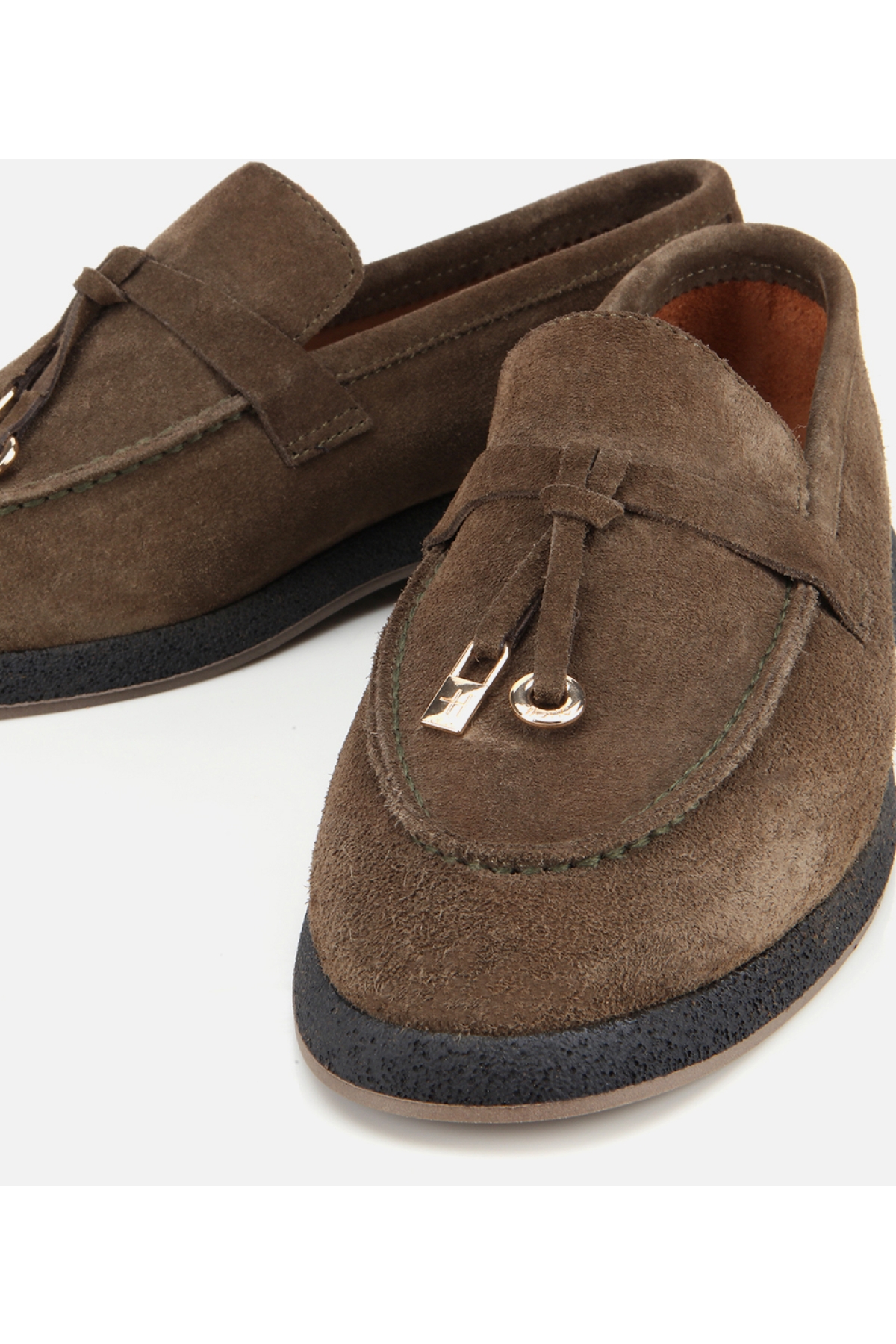 Kadın Süet Deri Haki Gold Aksesuarlı Klasik Loafer - Görsel 4