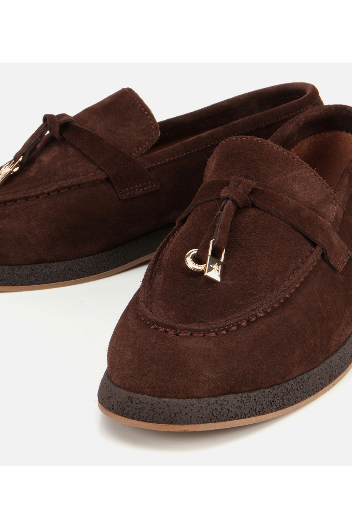 Kadın Süet Deri Kahverengi Gold Aksesuarlı Klasik Loafer - Görsel 4