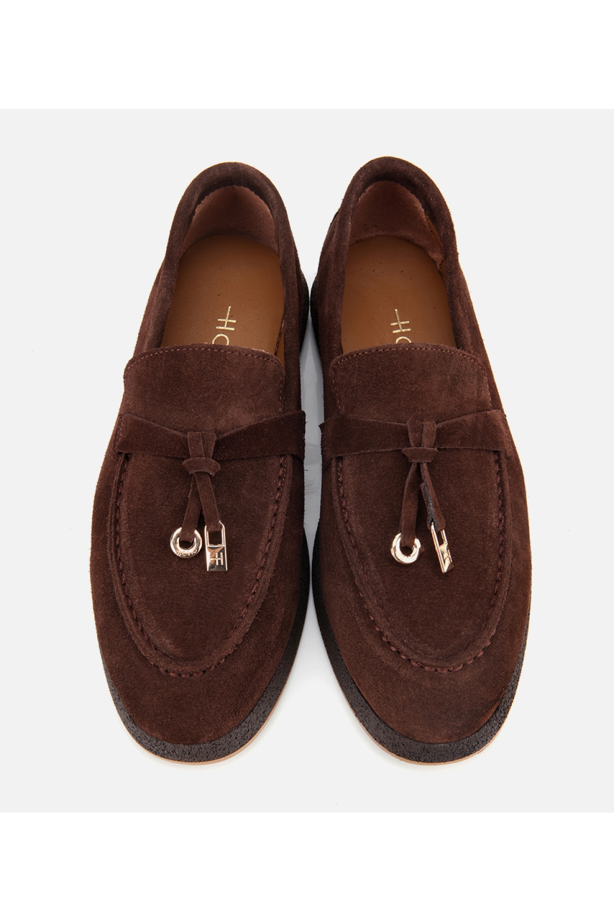 Kadın Süet Deri Kahverengi Gold Aksesuarlı Klasik Loafer - Görsel 7