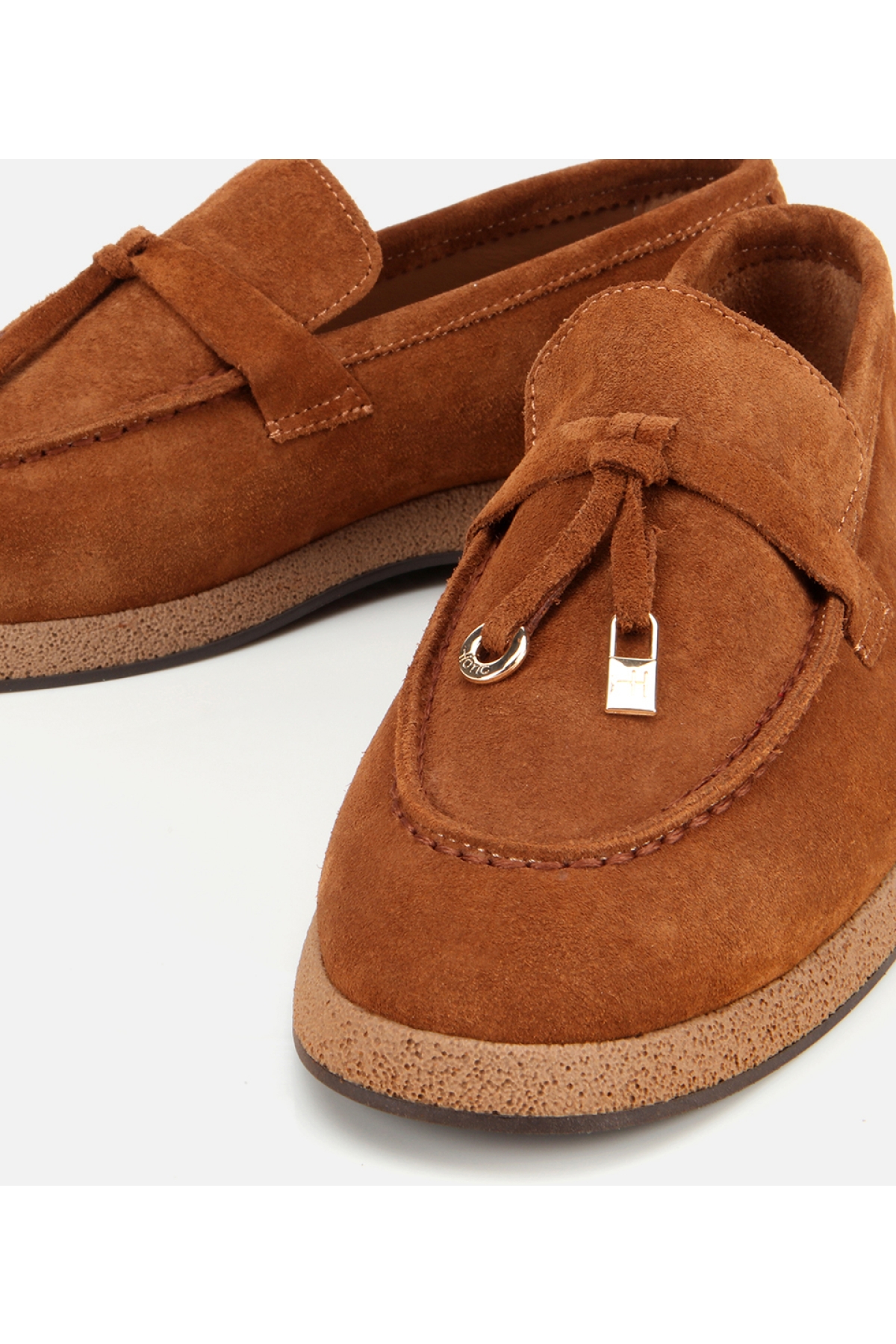 Kadın Süet Deri Taba Gold Aksesuarlı Klasik Loafer - Görsel 4