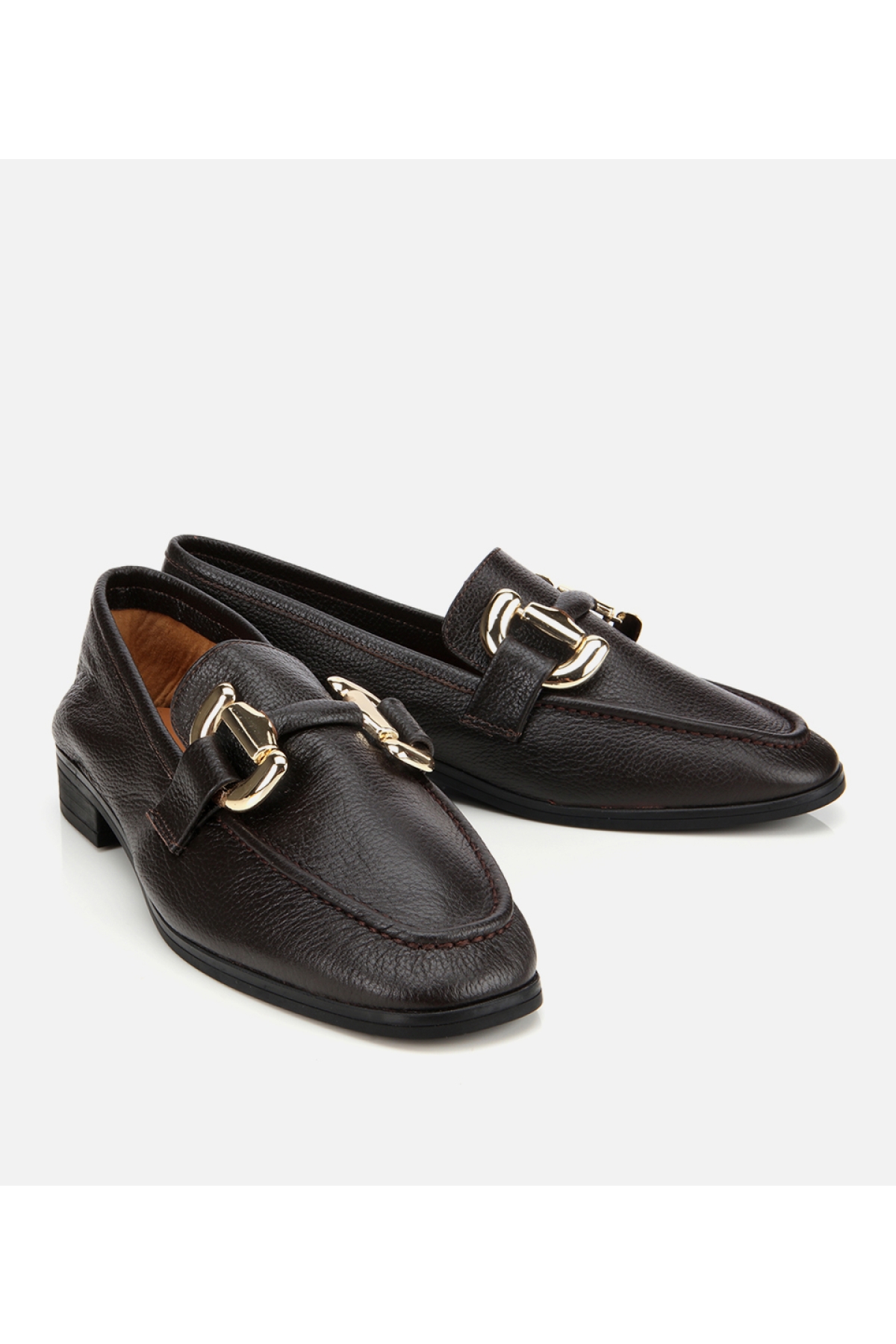 Kadın Deri Kahverengi Tokalı Klasik Loafer - Görsel 3