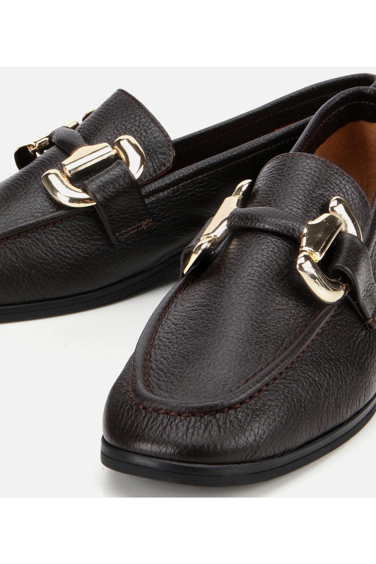 Kadın Deri Kahverengi Tokalı Klasik Loafer - Görsel 4