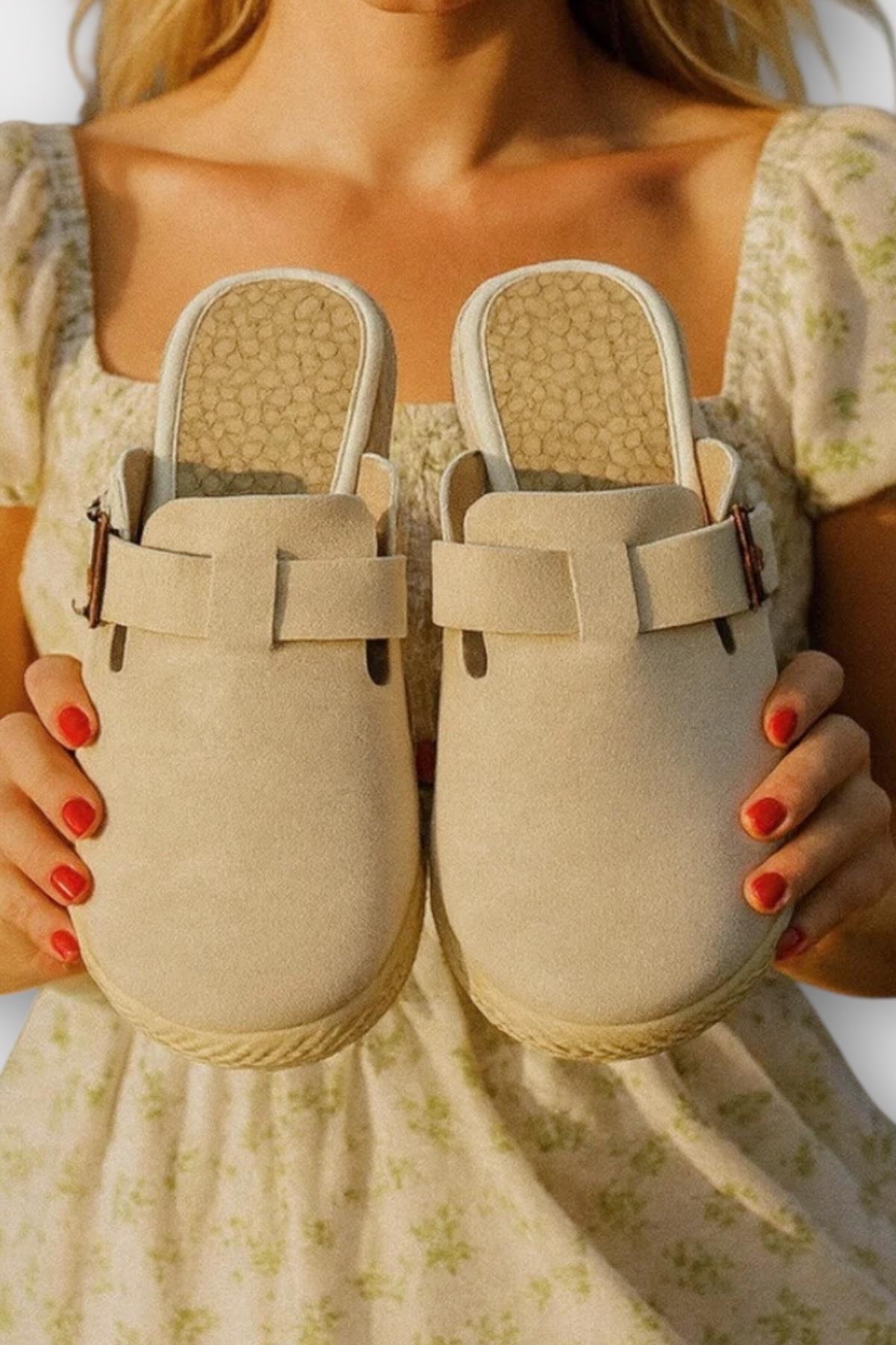 Kemerli Tokalı Nubuk Kadın Ev Terliği BEJ - Görsel 6