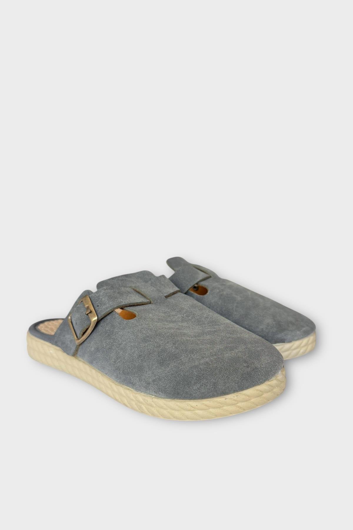 Kemerli Tokalı Nubuk Kadın Ev Terliği GRİ - Görsel 4