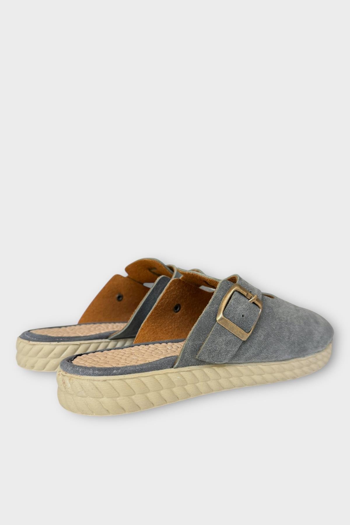 Kemerli Tokalı Nubuk Kadın Ev Terliği GRİ - Görsel 6