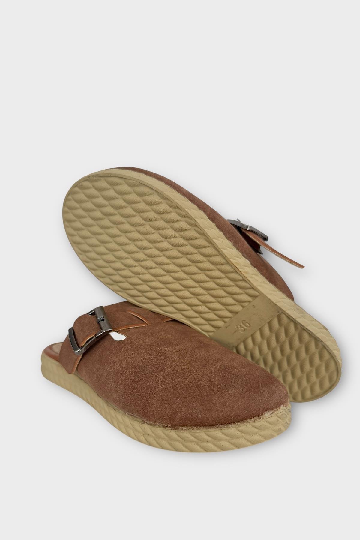 Kemerli Tokalı Nubuk Kadın Ev Terliği TABA - Görsel 7