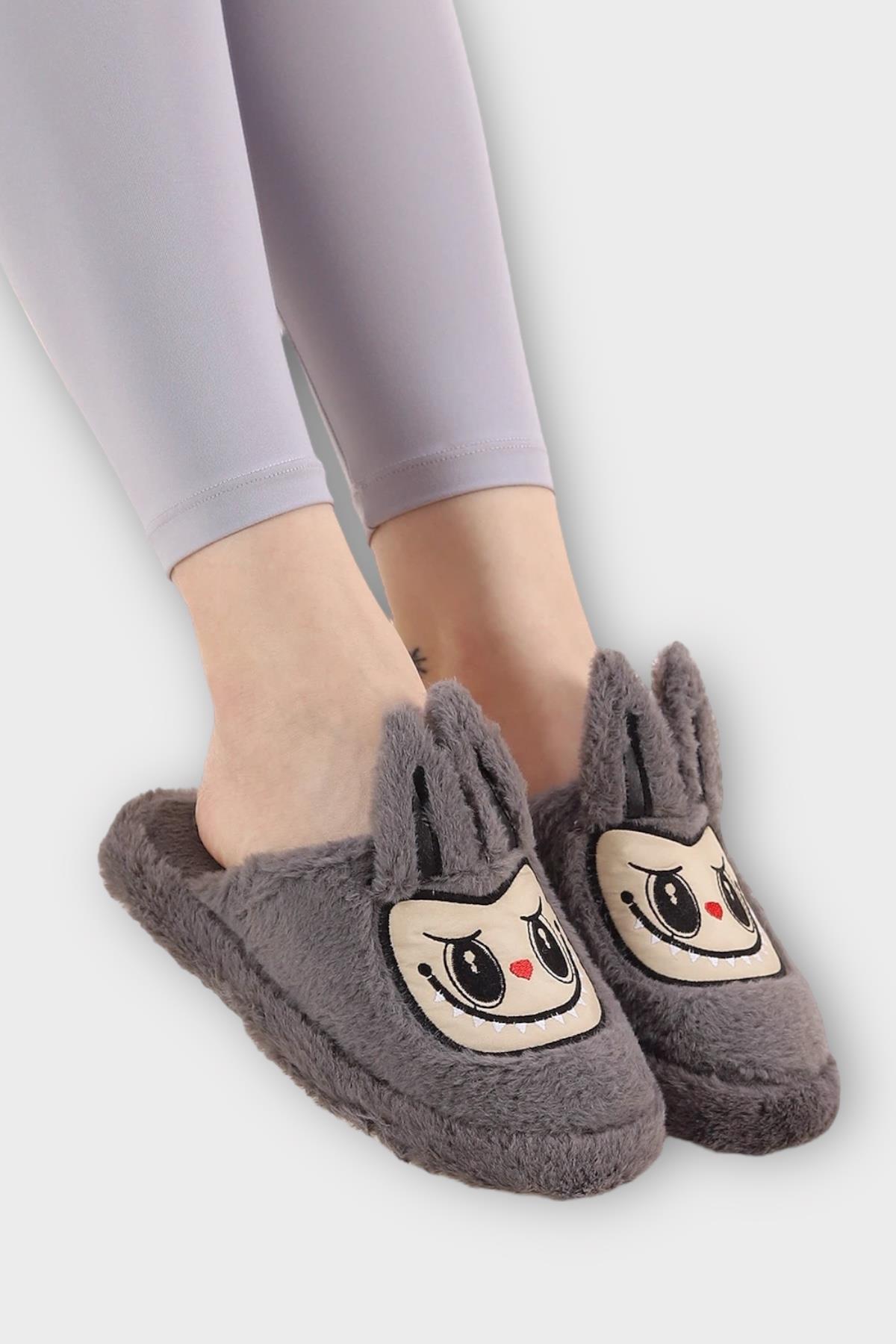 Sevimli Tavşan Figürlü Sıcak Tutan Kışlık Kadın Ev Terliği FÜME - Görsel 3