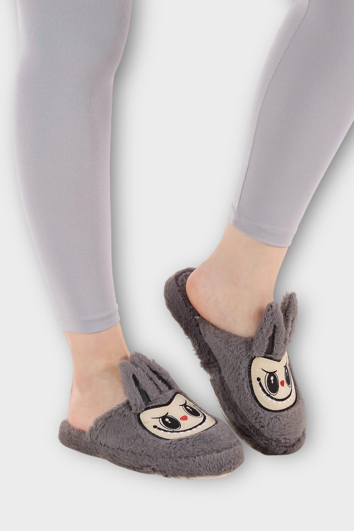 Sevimli Tavşan Figürlü Sıcak Tutan Kışlık Kadın Ev Terliği FÜME - Görsel 4