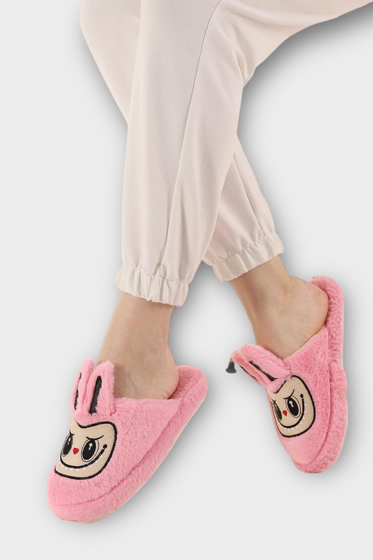 Sevimli Tavşan Figürlü Sıcak Tutan Kışlık Kadın Ev Terliği PEMBE - Görsel 2