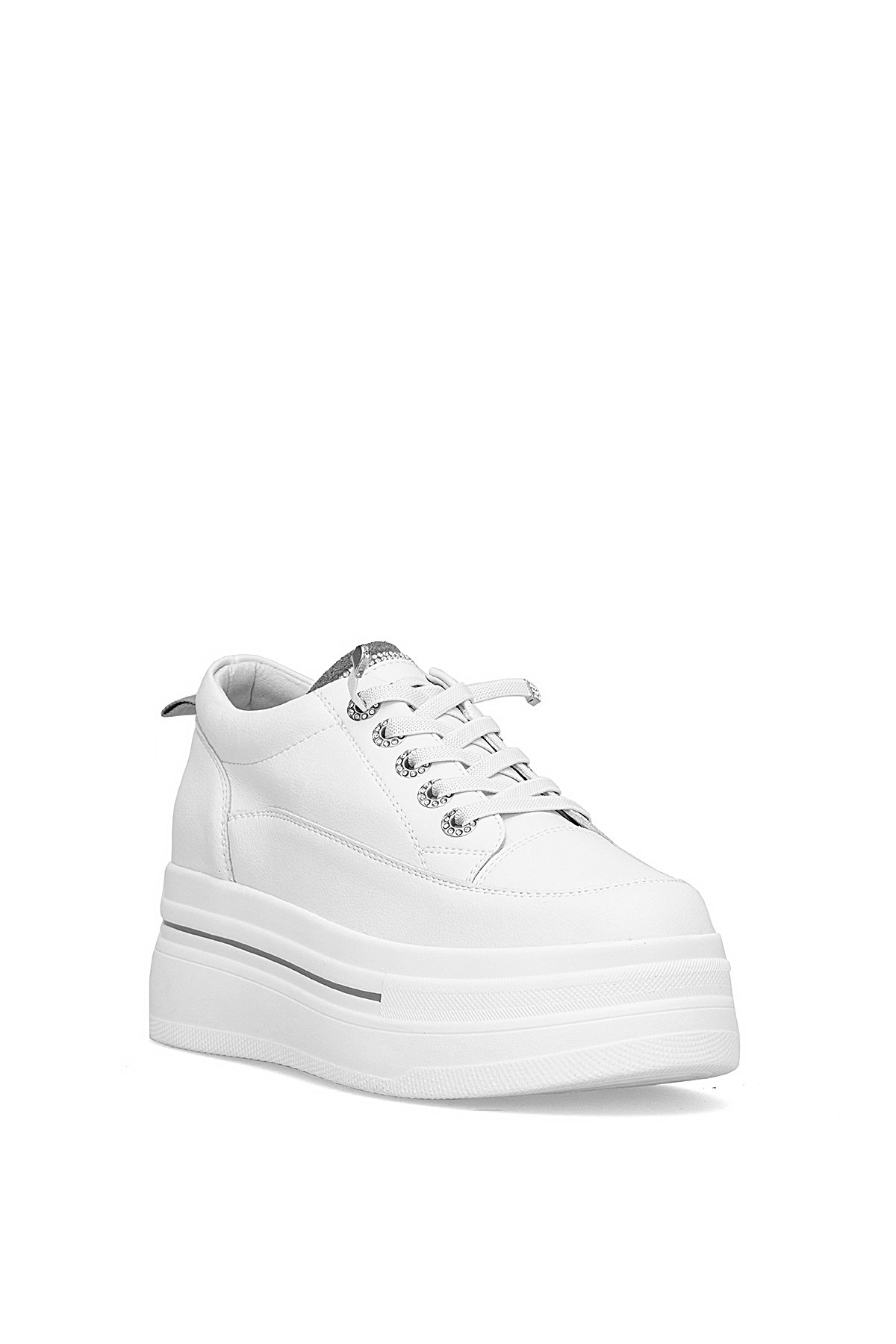 25K313 Kadın Hakiki Deri Klasik Sneaker Beyaz - Gri - Görsel 3