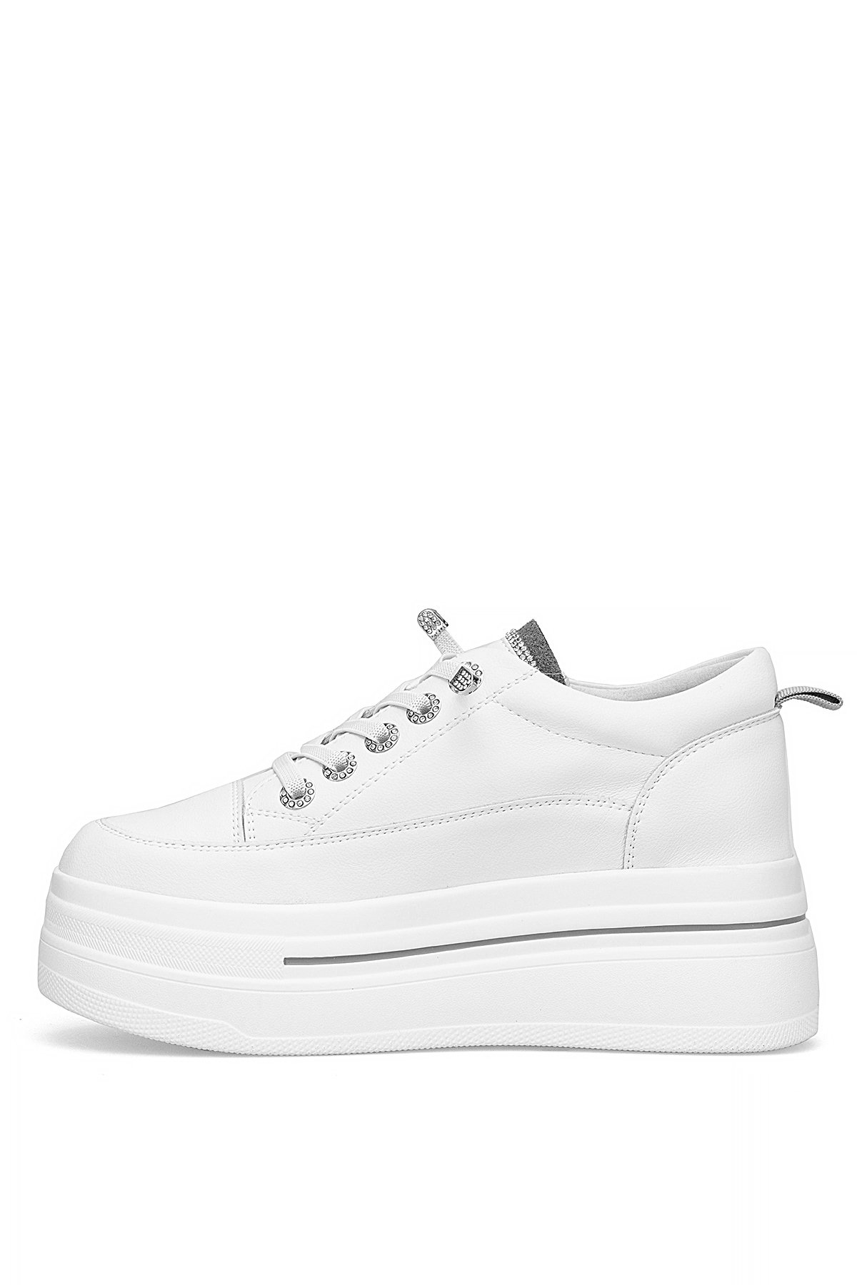 25K313 Kadın Hakiki Deri Klasik Sneaker Beyaz - Gri - Görsel 4