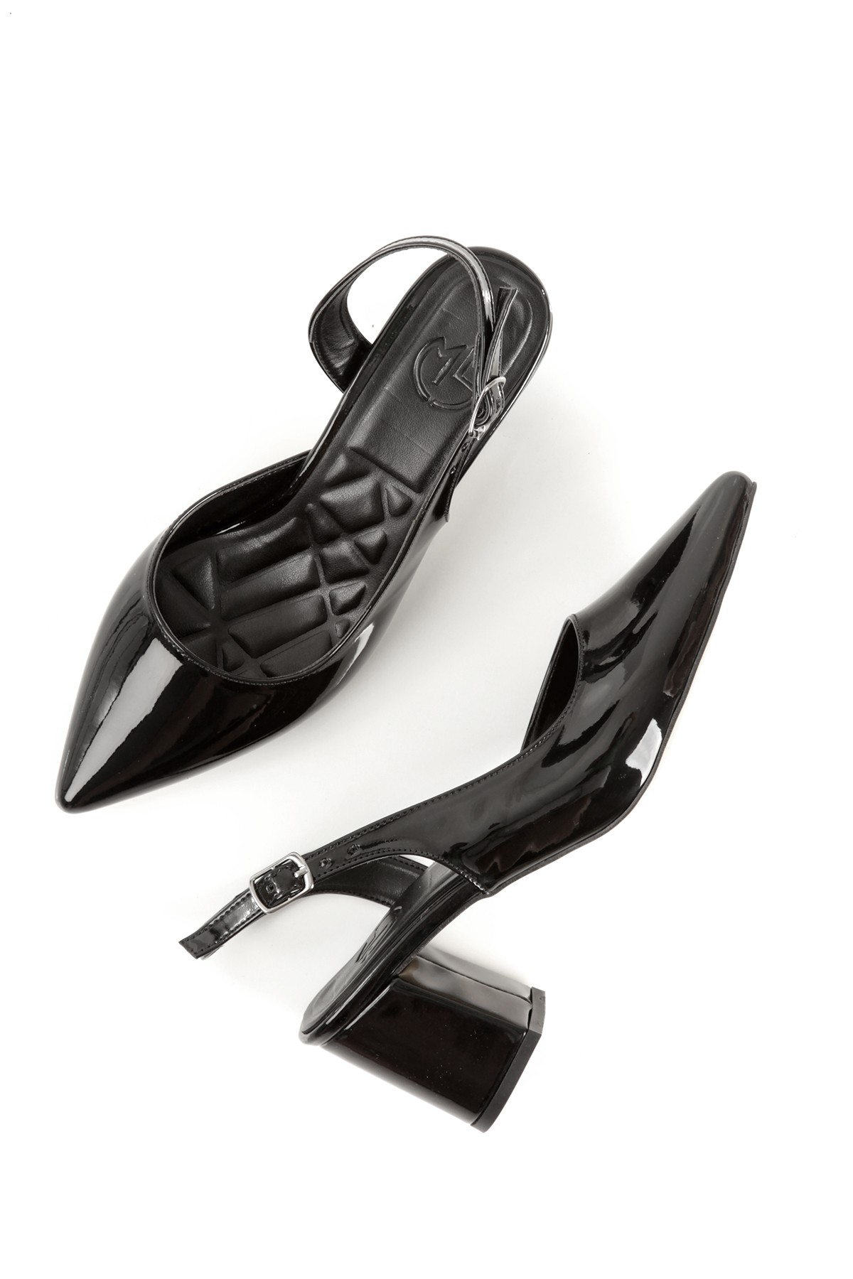 Verlik Siyah Rugan Kısa Kalın Topuklu Stiletto Asimetrik Bantlı Kadın Ayakkabı - Görsel 2