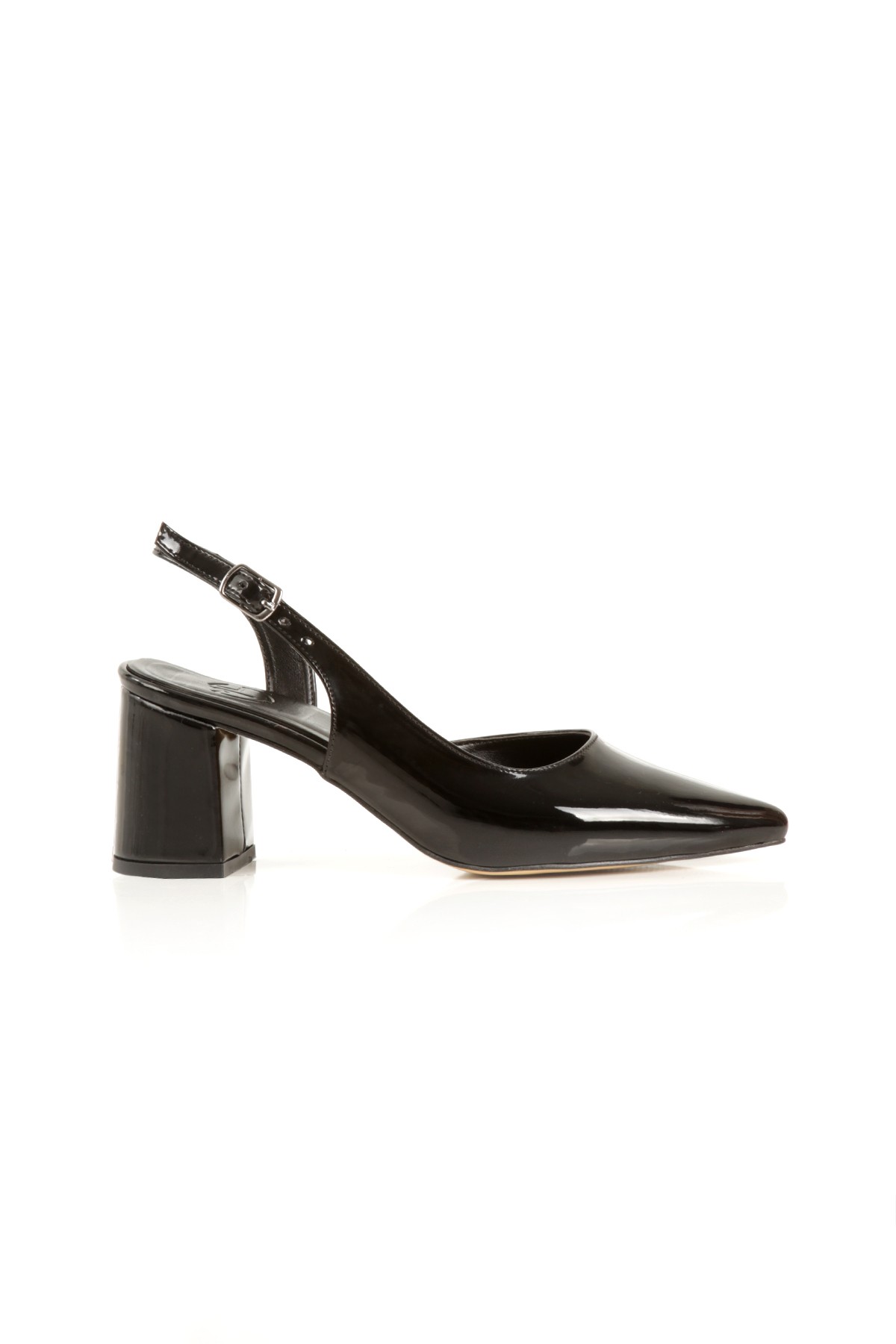 Verlik Siyah Rugan Kısa Kalın Topuklu Stiletto Asimetrik Bantlı Kadın Ayakkabı - Görsel 5