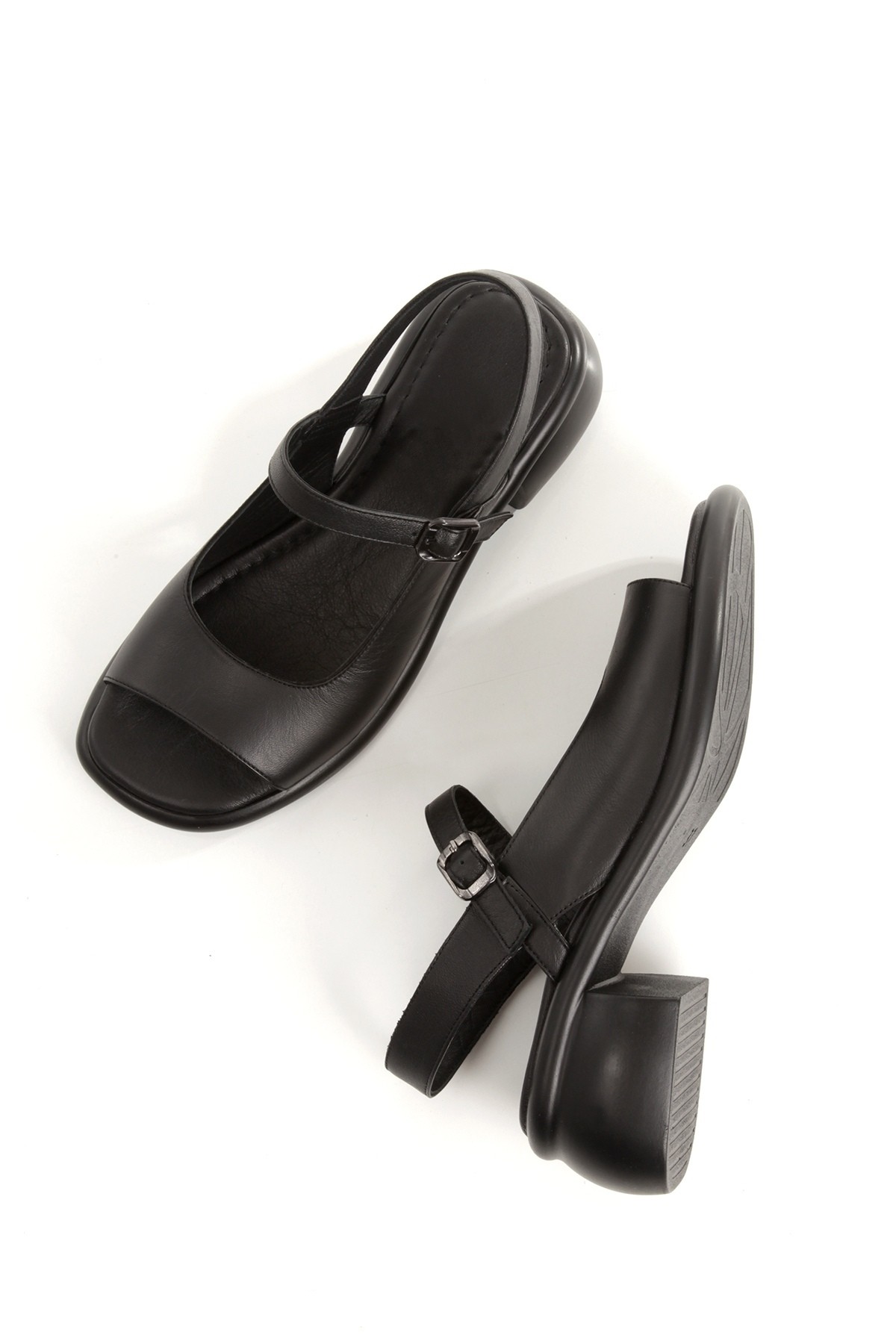 Benus Siyah Hakiki Deri Mary Jane Bantlı Sandalet Kalın Topuklu Kadın Ayakkabı - Görsel 2