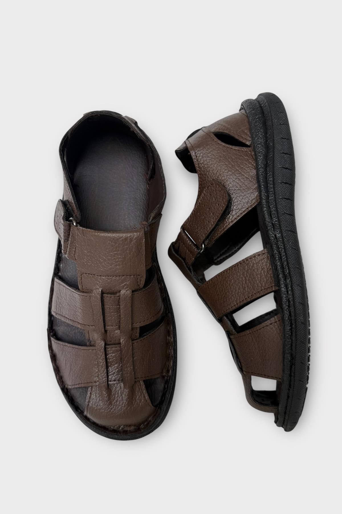 Erkek İçi Dışı Hakiki Deri Ortopetik Yazlık Esnek ve Çok Hafif Günlük Ayakkabı Sandalet KAHVERENGİ - Görsel 6