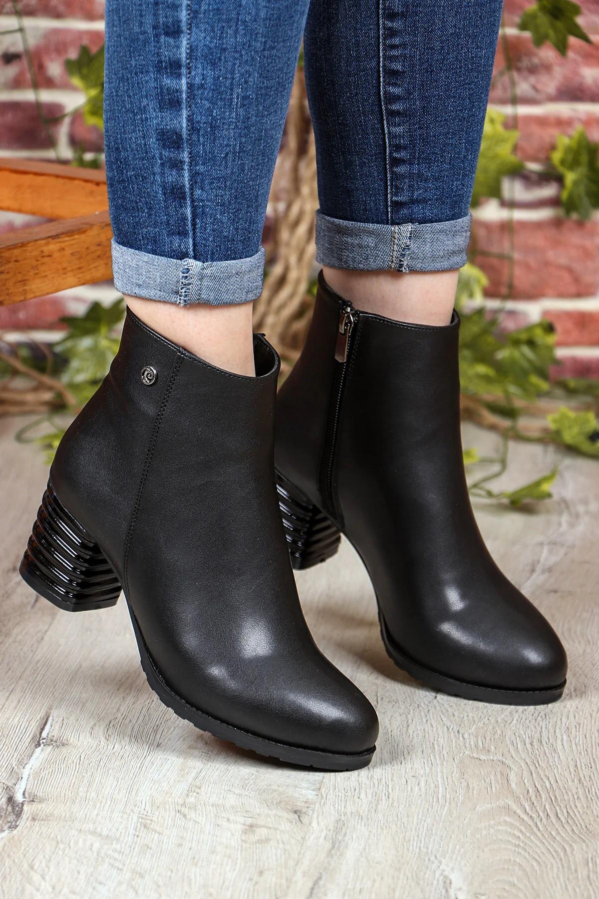 55158 Siyah Cilt Fermuarlı Sıcak Astar Kalın Topuklu Kadın Bot - Görsel 2