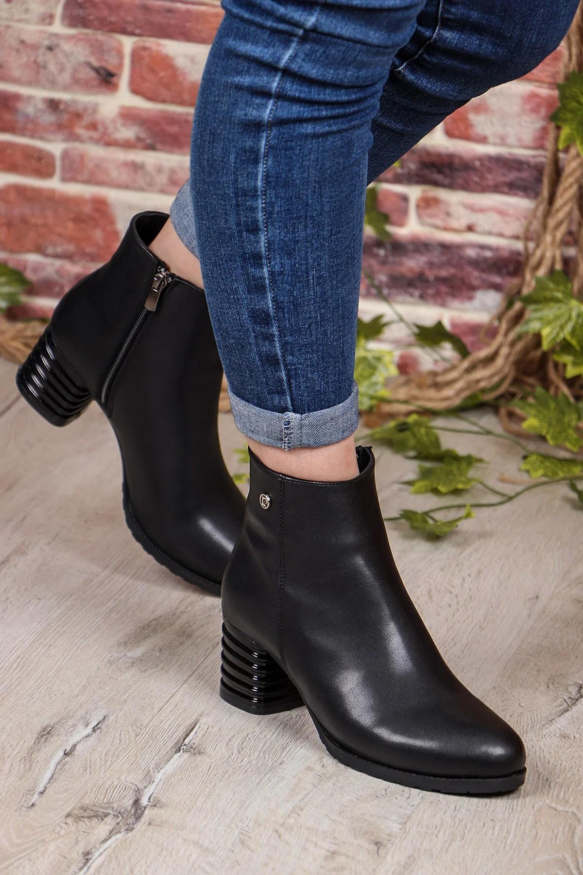 55158 Siyah Cilt Fermuarlı Sıcak Astar Kalın Topuklu Kadın Bot - Görsel 3
