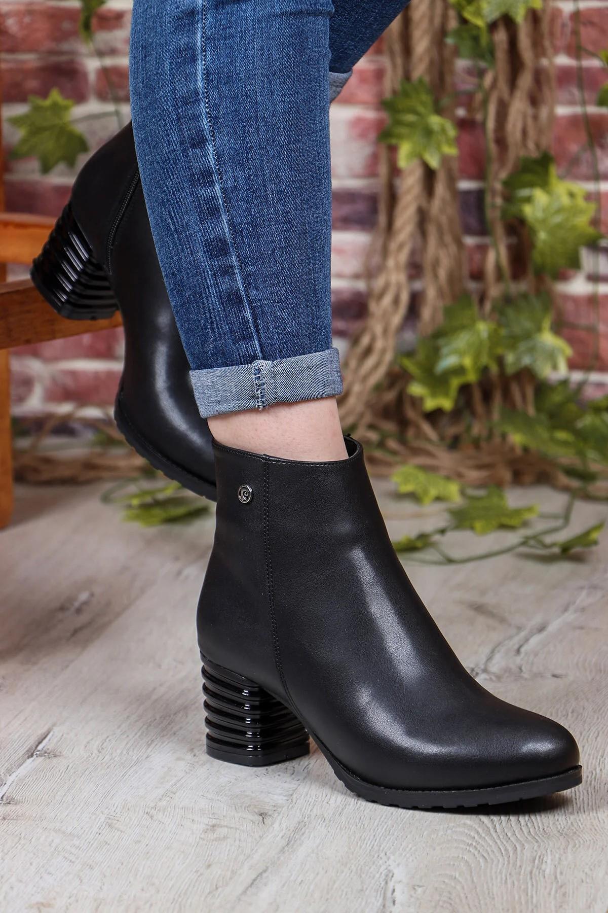 55158 Siyah Cilt Fermuarlı Sıcak Astar Kalın Topuklu Kadın Bot - Görsel 6