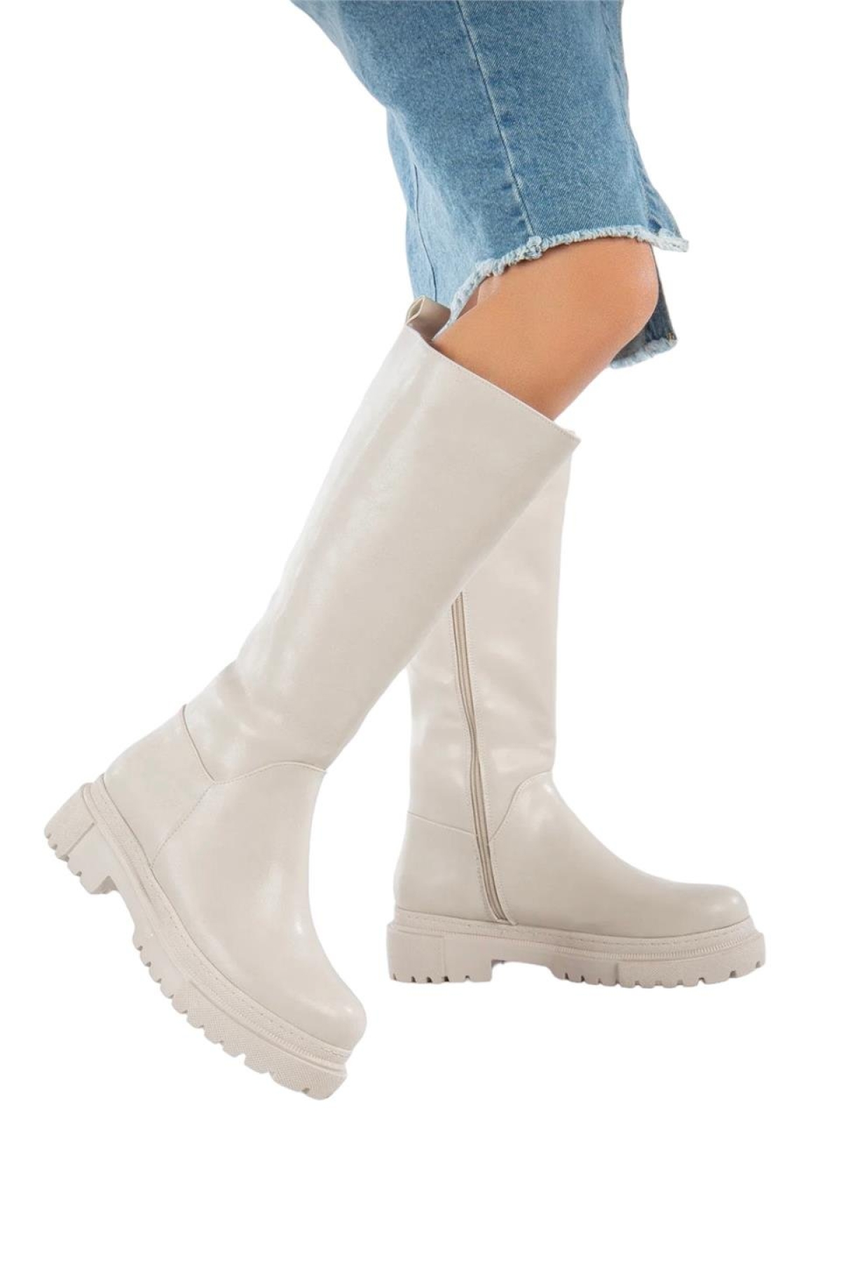 Fermuarlı Kalın Taban Dizaltı Kadın Çizme BEJ - Görsel 2