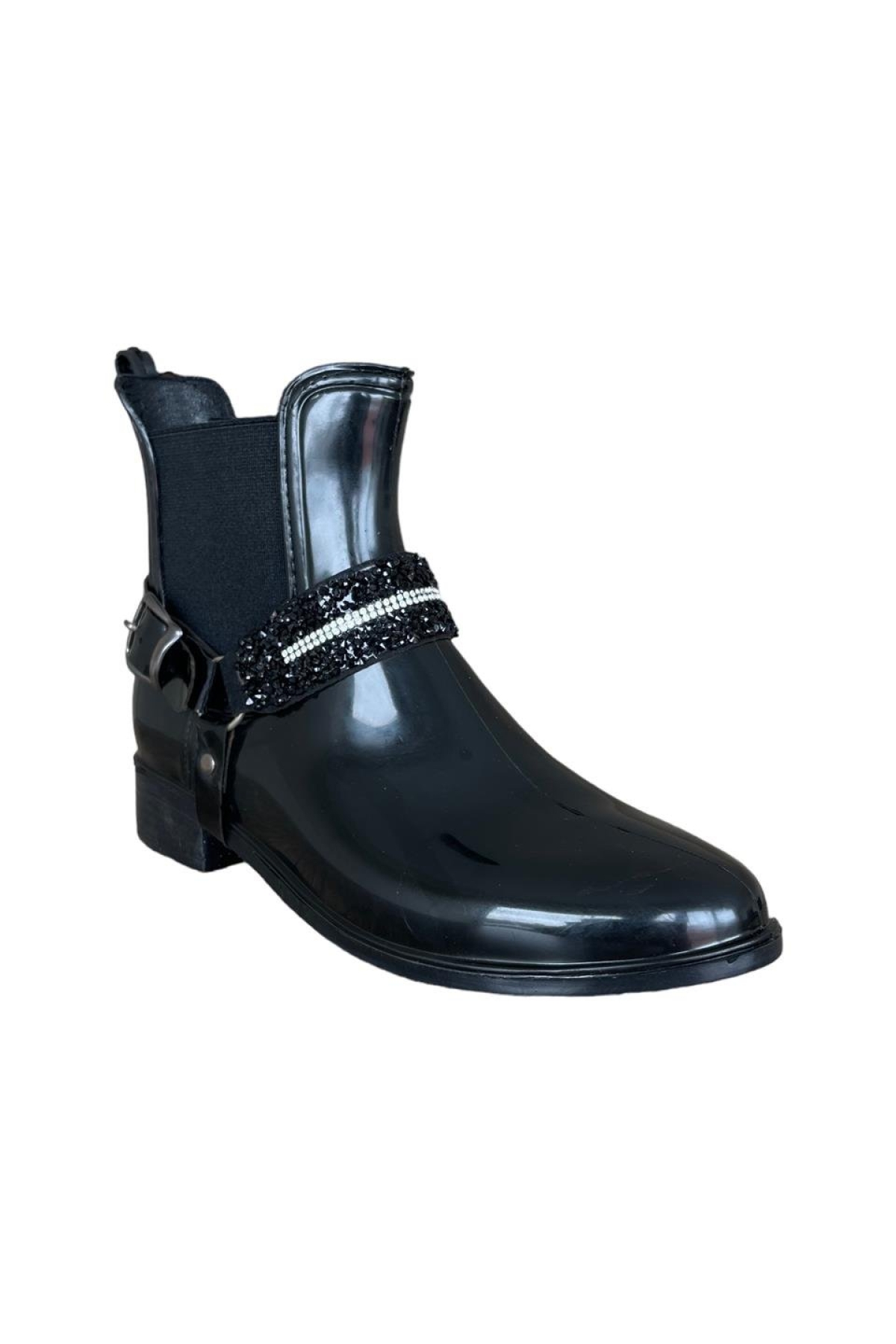 Kemerli Tokalı Kadın Yağmur Botu SİYAH - GÜMÜŞ - Görsel 3