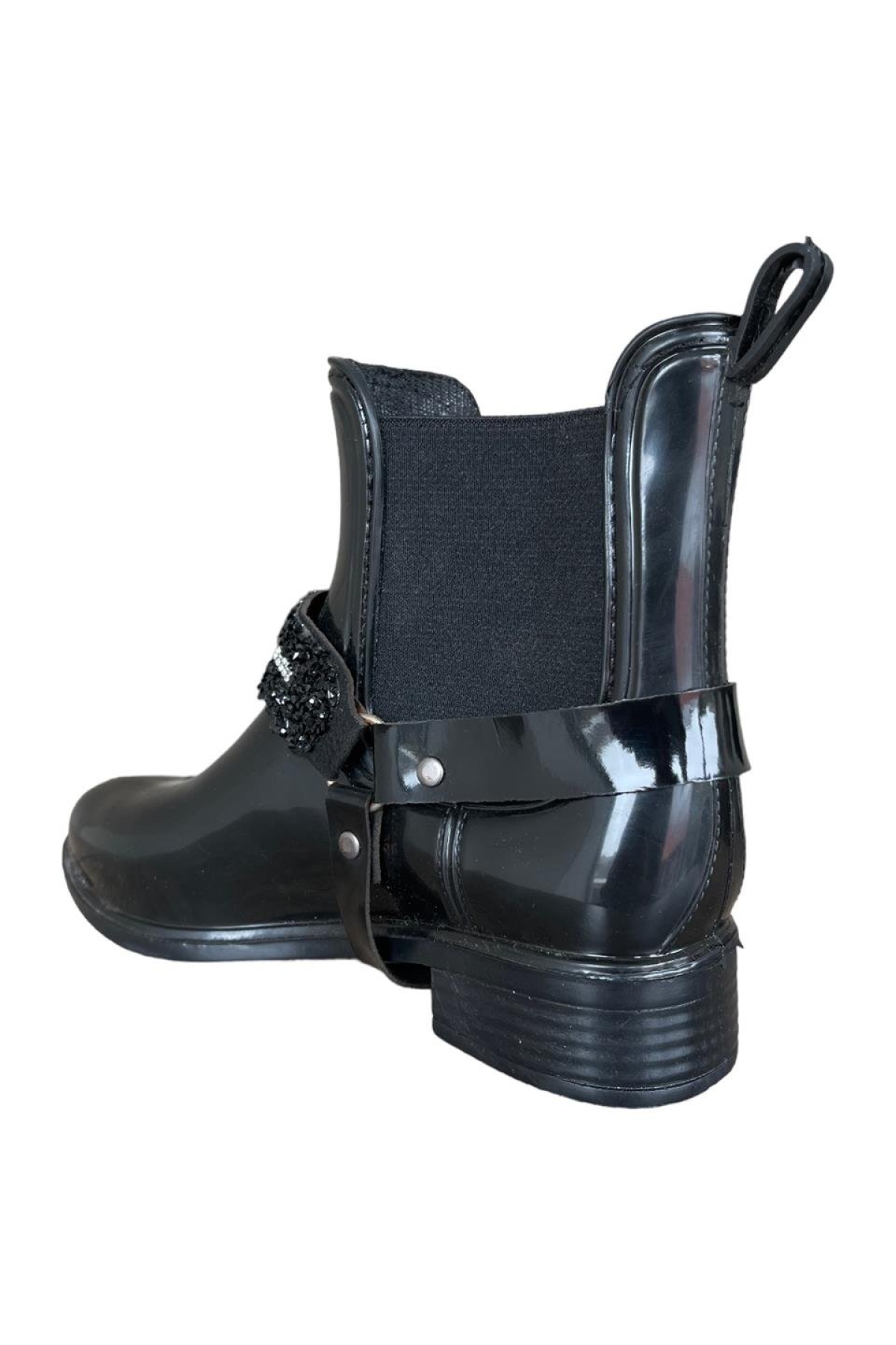 Kemerli Tokalı Kadın Yağmur Botu SİYAH - GÜMÜŞ - Görsel 5