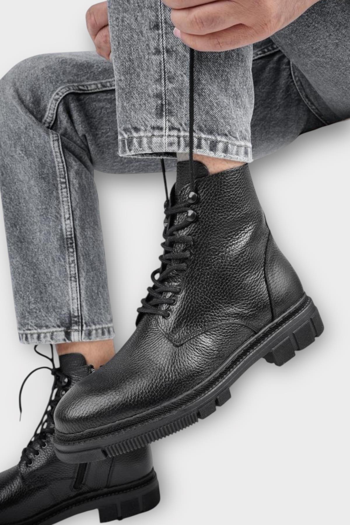 Hakiki Deri İçi Kürklü Fermuarlı Erkek Bot SİYAH - Görsel 6