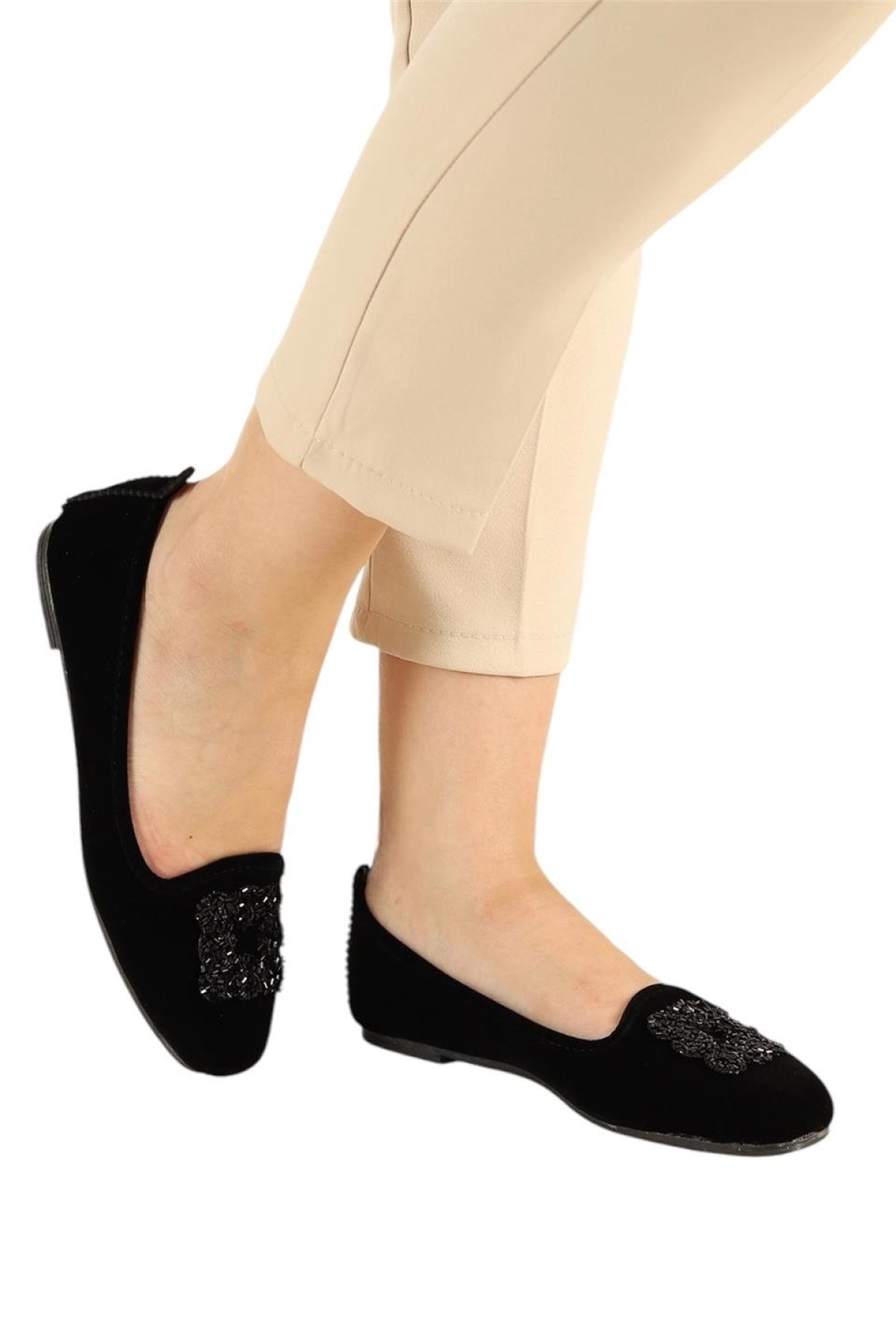 Kadın Taşlı Tokalı Süet Babet SİYAH - Görsel 3