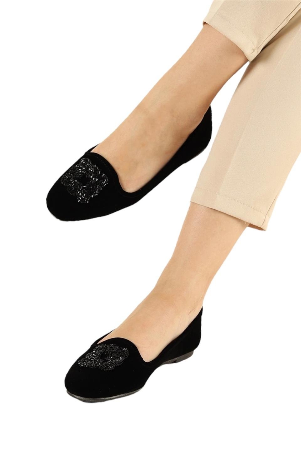 Kadın Taşlı Tokalı Süet Babet SİYAH - Görsel 4