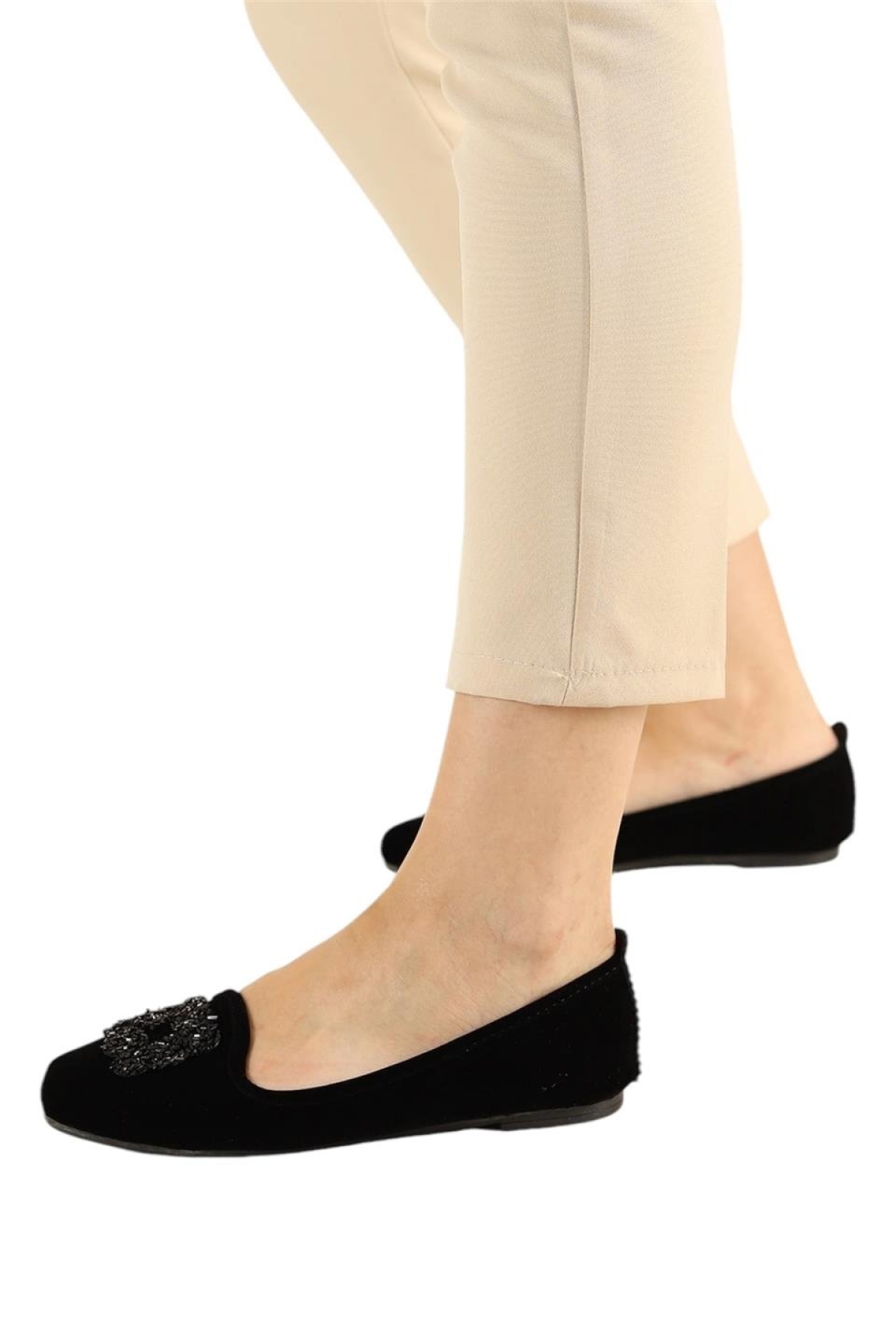 Kadın Taşlı Tokalı Süet Babet SİYAH - Görsel 5