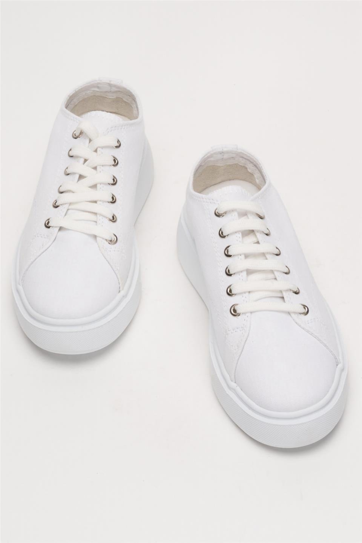 Kadın Rahat Kalıp Kalın Taban Keten Sneakers BEYAZ - Görsel 7