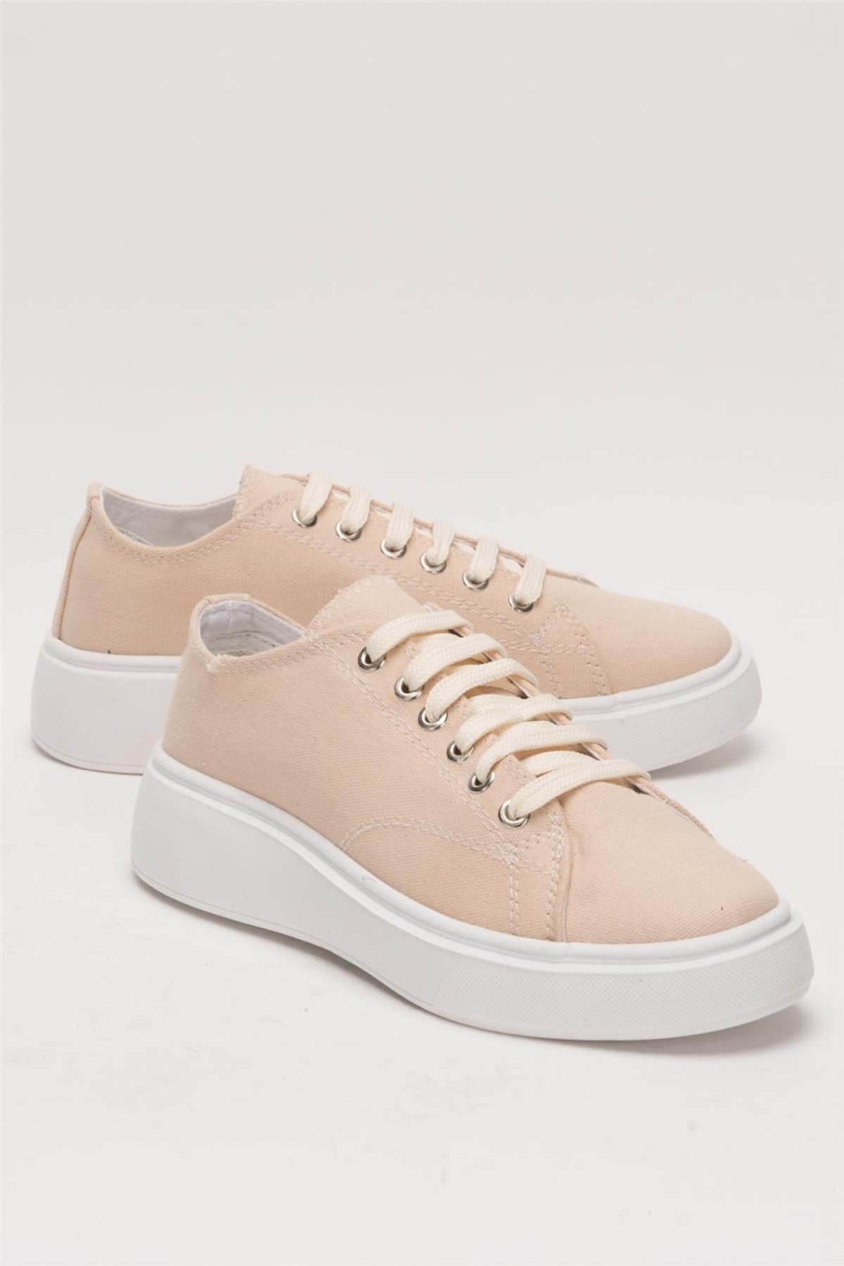 Kadın Rahat Kalıp Kalın Taban Keten Sneakers BEJ - Görsel 3