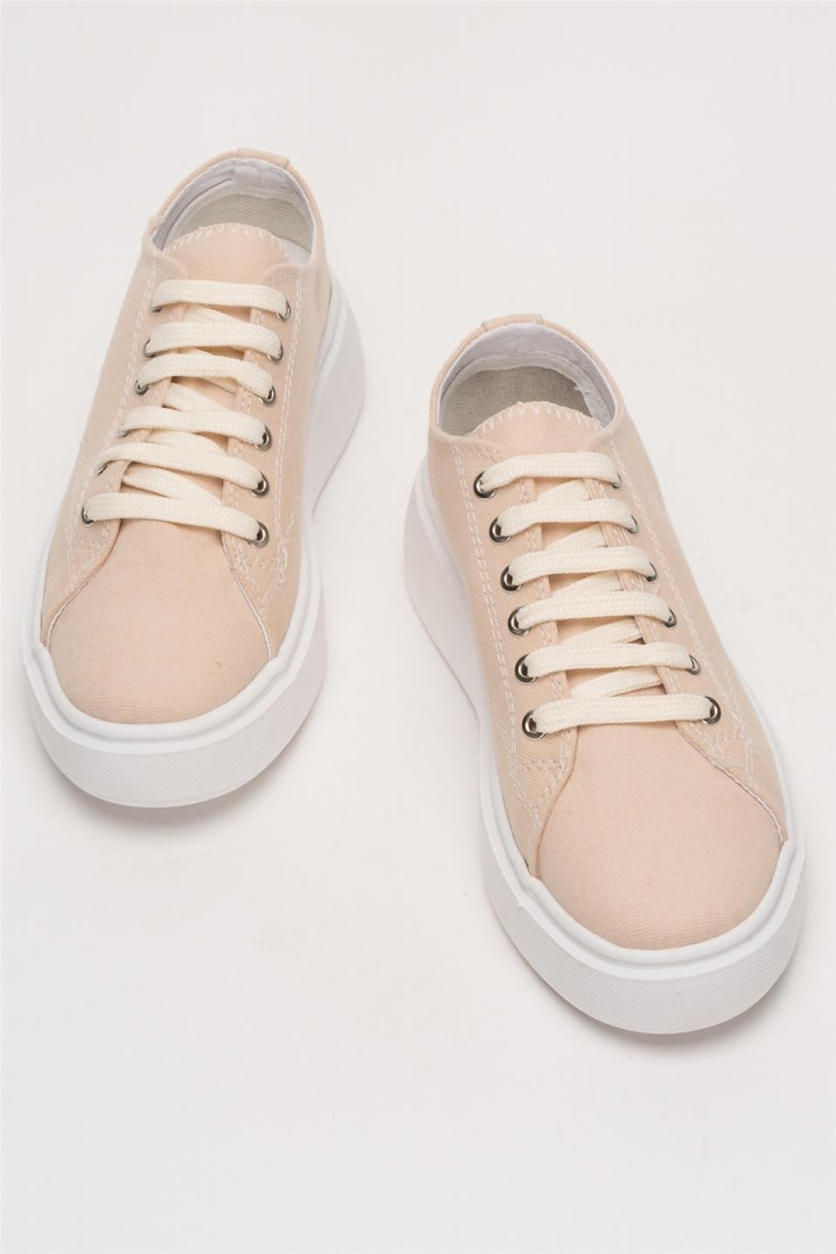 Kadın Rahat Kalıp Kalın Taban Keten Sneakers BEJ - Görsel 7