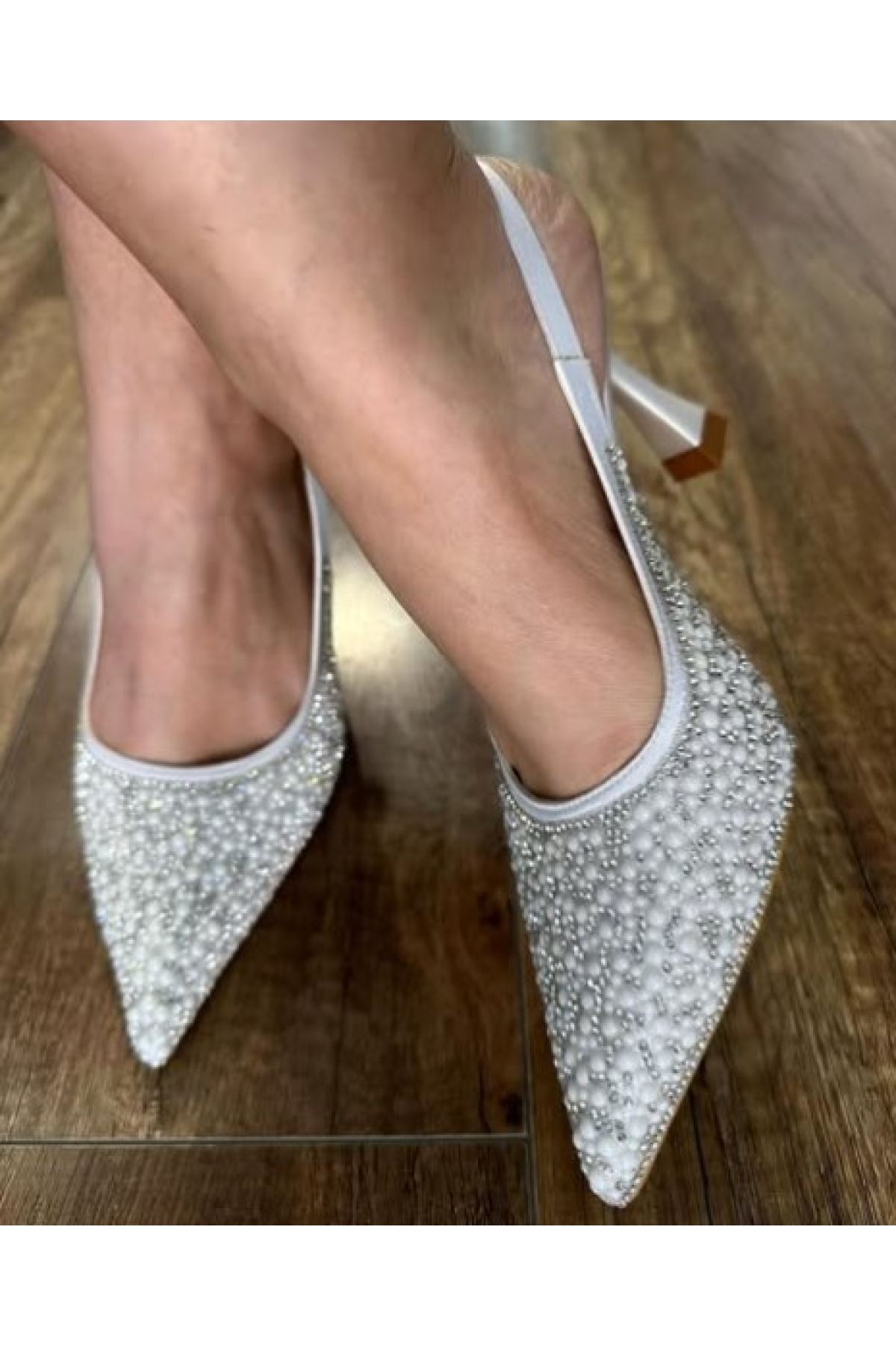 Gelinlik Ayakkabısı Taş Detaylı Arkası Açık Stiletto Kadın Topuklu Ayakkabı - Görsel 3